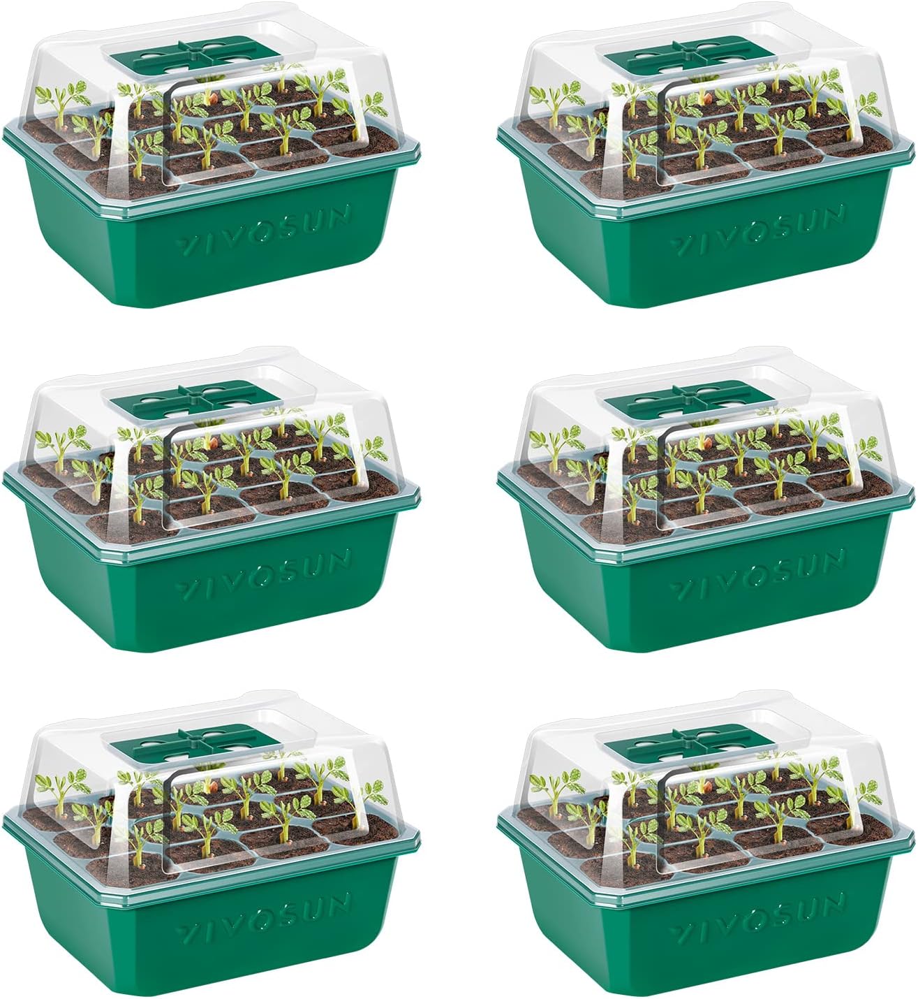 VIVOSUN 6-Pack Seed Starter Trays, 72-Cell Seed Starter Kit with Humidity Dome, Flat Reusable Plant Germination Trays with Drain Hole, Green Propagation Tray for Planting Seeds