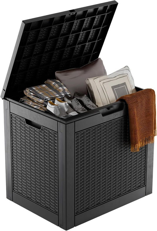 31 Gallon Outdoor Deck Box,Storage Lockable Waterproof Patio Furniture,Garden Tools,Cushions,Pool Accessories Outside Storage Resin Box(Black)