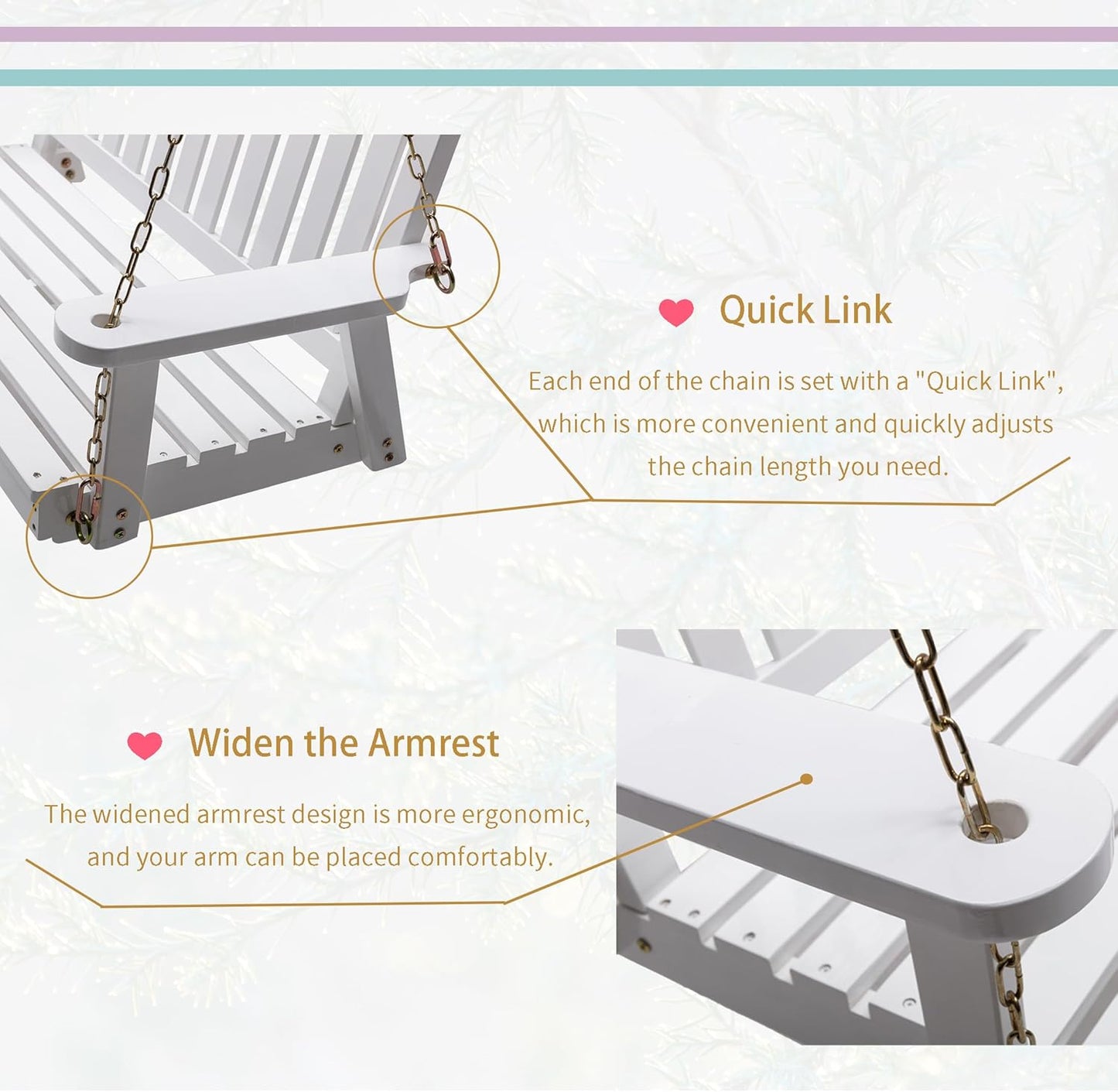 Anraja Wooden Porch Swing 2-Seater, Bench Swing with Hanging Chains, Heavy Duty 800 LBS, for Outdoor Patio Garden Yard, 4 Ft, White