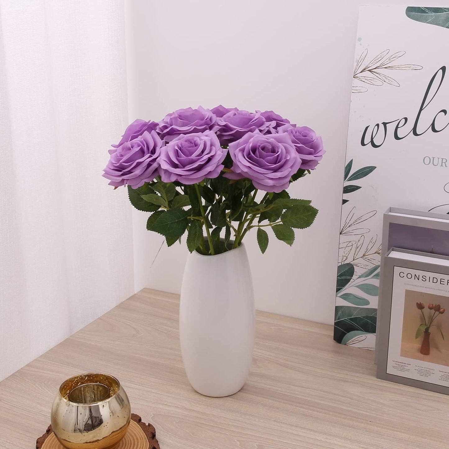 Artificial Rose 10pcs Open Flower Bouquet Faux Rose Stems for Wedding Arrangement, Bridal Bouquet, Centerpiece, Fake Faux Silk Flowers (Lilac)