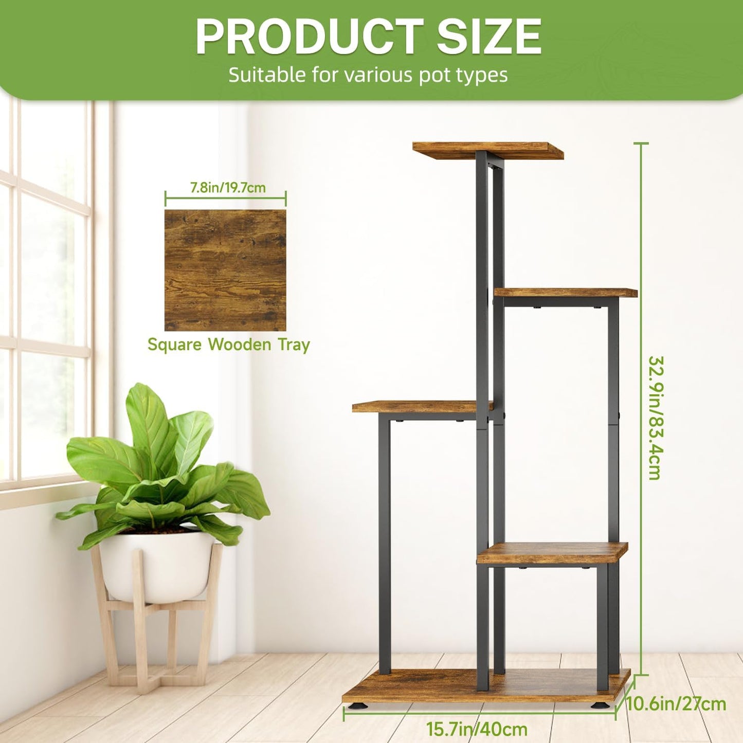iDavosic.ly 5 Tier Plant Stand Indoor, Tiered Corner Flower Holder Shelf Outdoor, Metal Wood Tall Orchid Pot Display Rack for Patio Porch Garden Balcony Office, Modern Black & Rustic Brown
