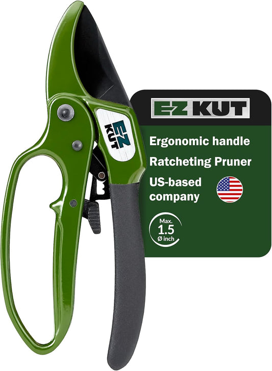 EZ Kut Heavy Duty Pruning Shears Green - with Ratcheting Action Great Garden Hand Tool Clippers Gardening pruners arthritis tools Ratcheting Anvil Hand Pruner Pruning Shears Heavy Duty Since 1988