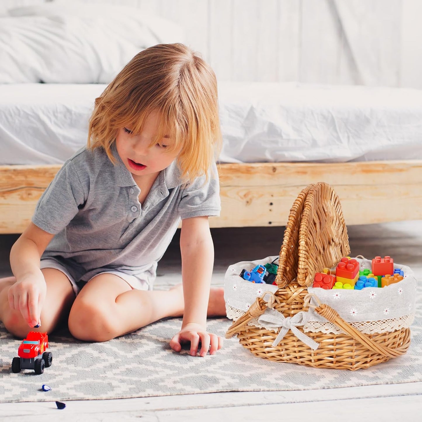 Happypicnic 12" Picnic Basket - Small Wicker Basket with Foldable Handle Lid & Removable Liner | Cute Picnic Basket Toy Empty for Kids, Gift, Halloween, Christmas, Valentines, Easter, Birthday, Flower