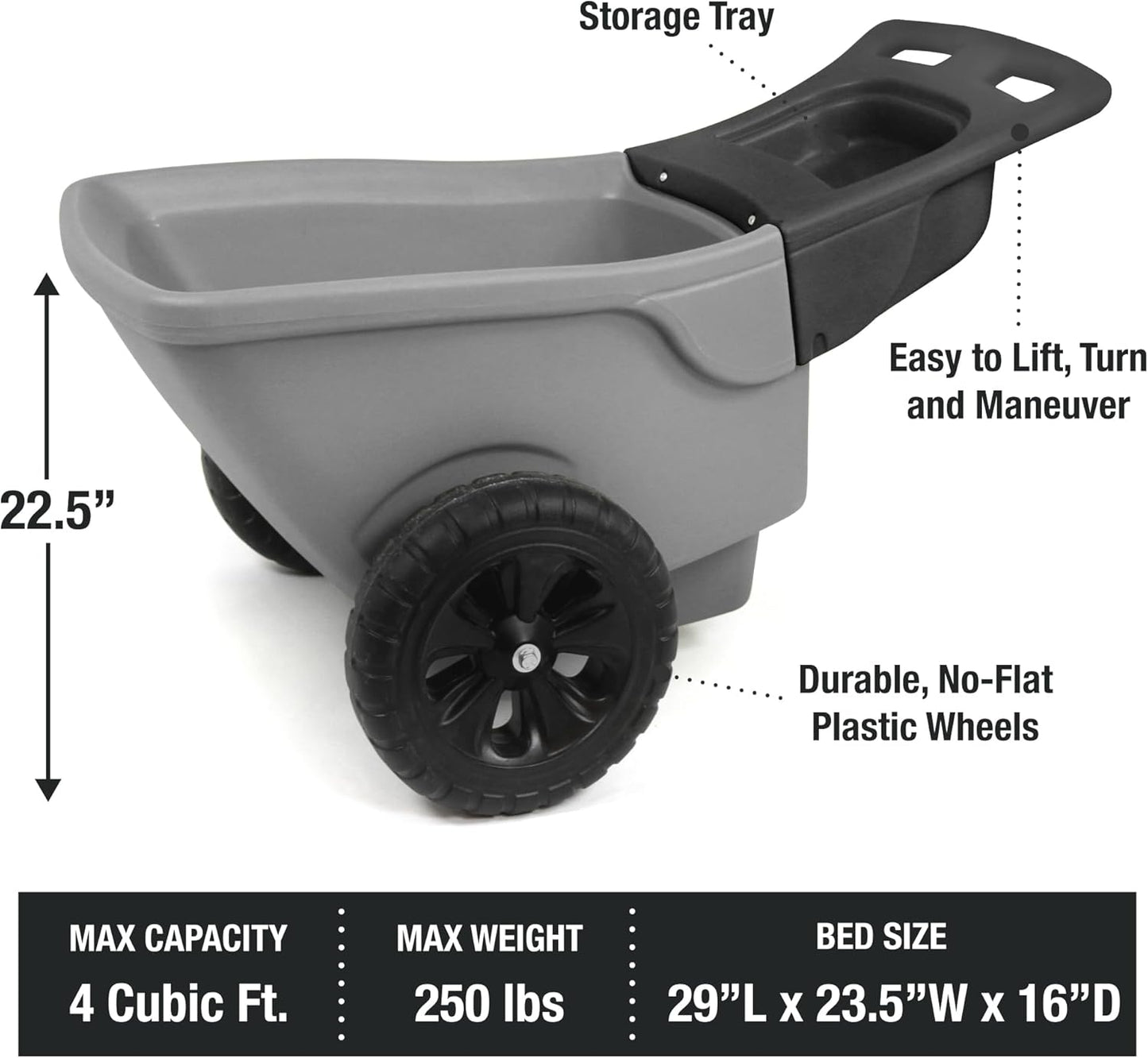Simplay3 Easy Haul Durable Wheelbarrow with Garden Tool Storage Tray - Large Easy Turn Wheels - Gray - Made in USA