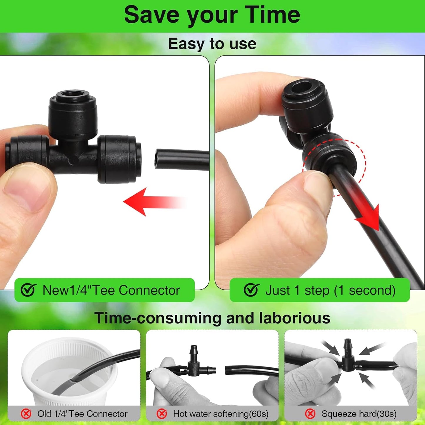 MIXC 24 Pack 1/4" Drip Irrigation Connectors, Quick Connect Fittings for 1/4 Inch Drip Tubing, Push-to-Fit Tee Fittings for Sprinkler & Irrigation Systems(1/4'' Brbed Tee Connectors-24P)