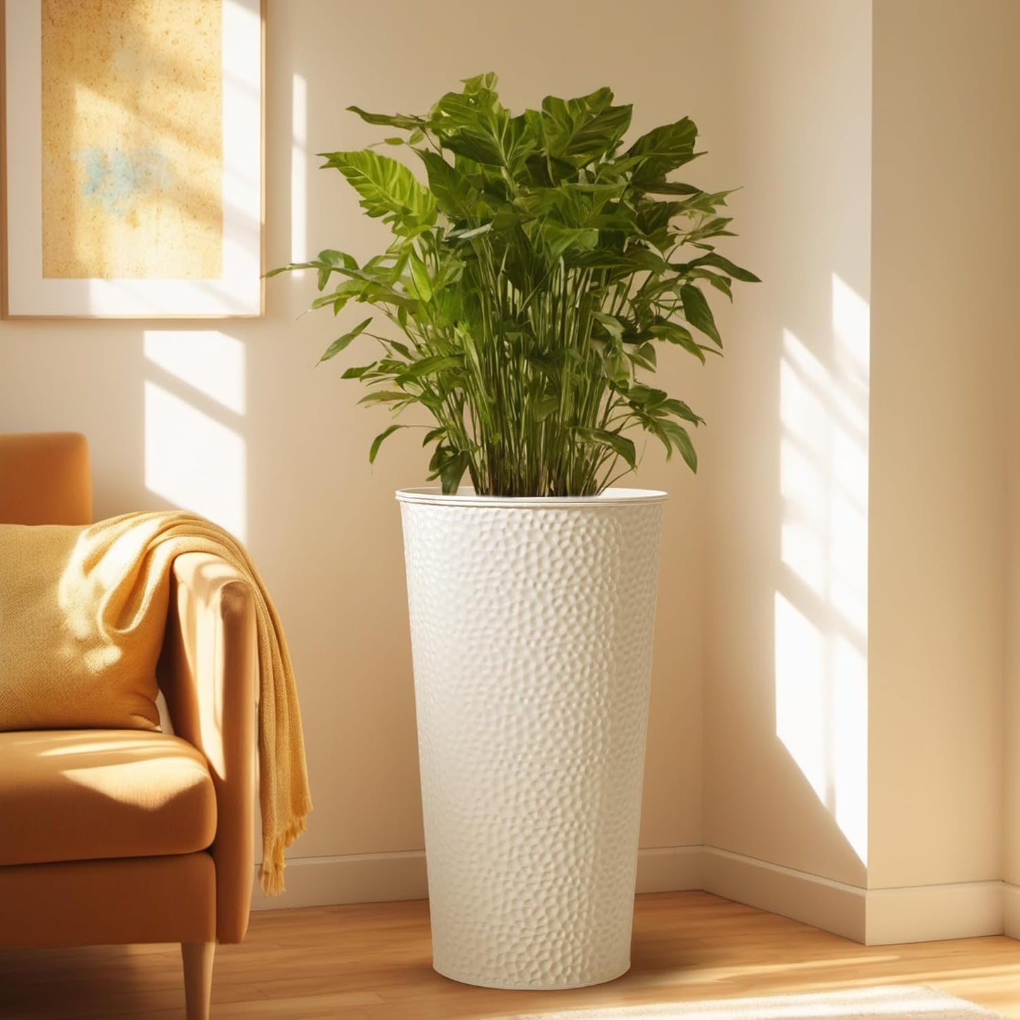 KOL 28" H. Tall Metal Cone Planters with Inner Pots 2-Pack, White Hand-Hammered Large Decor Planter for Deck, Patio, Porch - Handcrafted Flower Pot - with Water Level Indicator - Indoor Outdoor Use