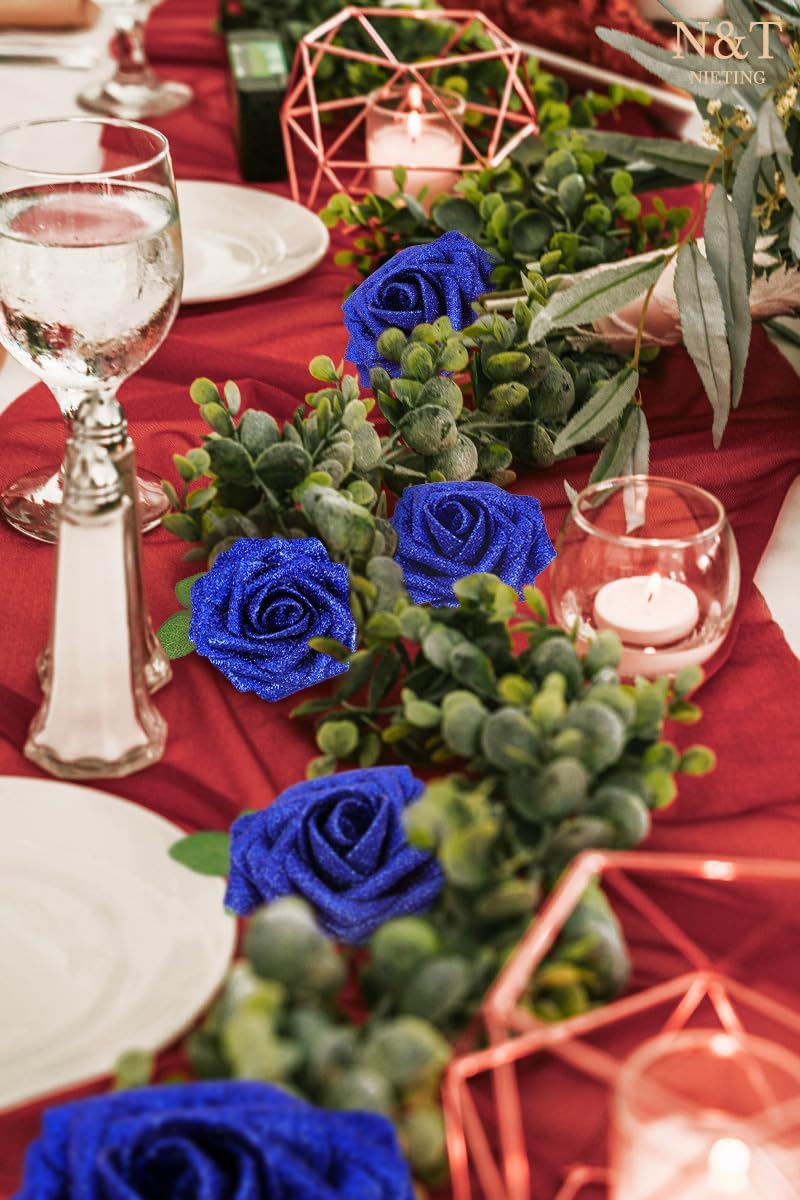 N&T NIETING Artificial Flowers Glowing Navy Blue Flowers Foam 50pcs Glitter Roses Real Looking Fake Roses with Stem for DIY Wedding Bouquets Centerpieces Bridal Shower Party Home Decorations
