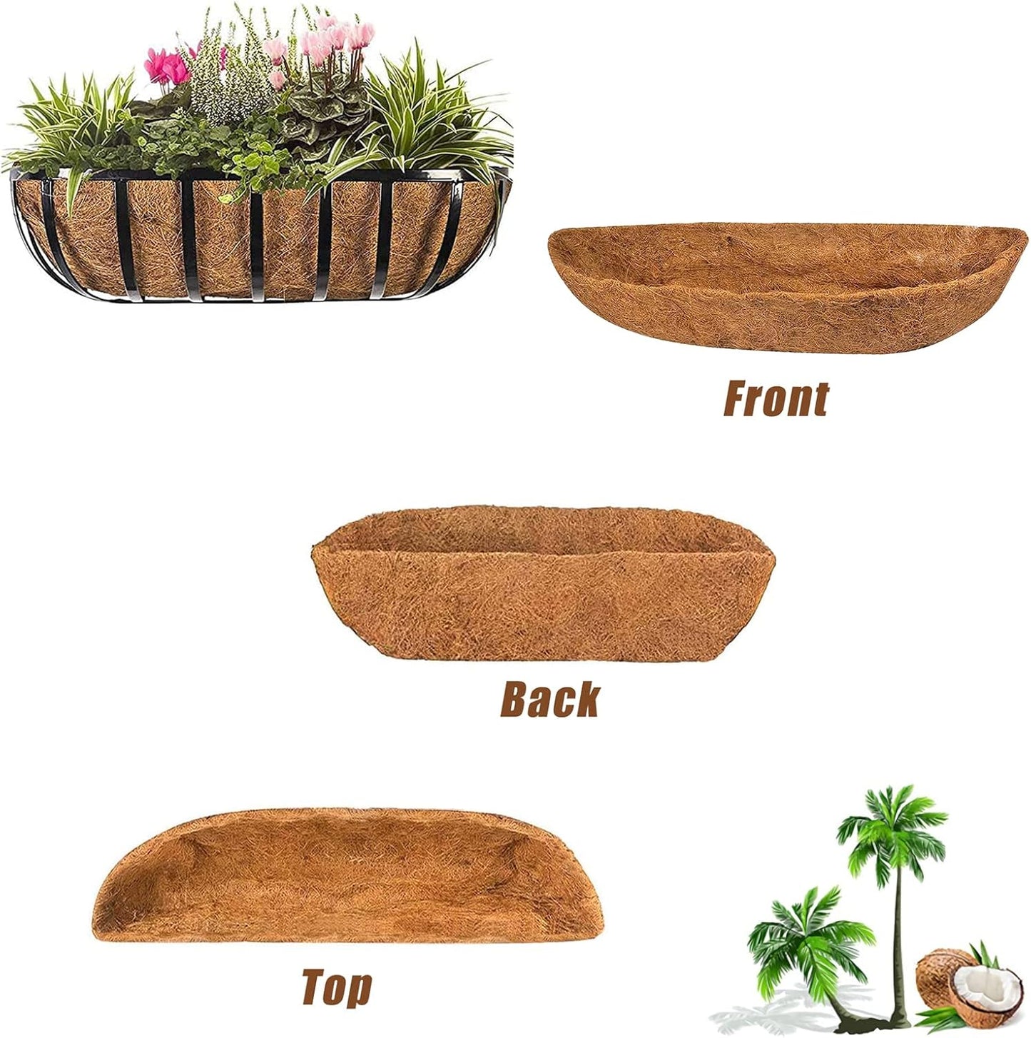 STONESTAR 2-Pack Coconut Liners for Planters 36 inch, Half-Moon Shape Window Box Liners Coconut Planter Liners Replacement, Trough Coco Liners for Planters Flower Baskets (36 inch)