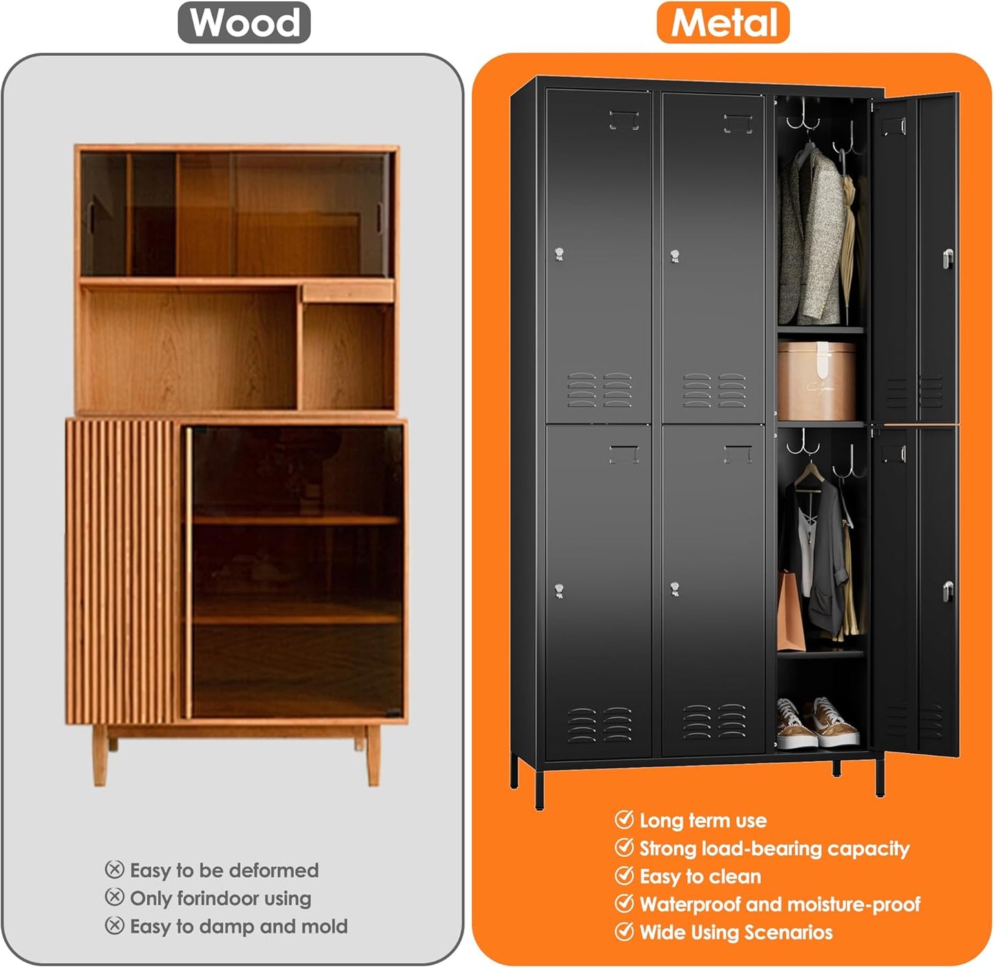 METAN Metal Locker for School Office Gym Bedroom,6 Doors Steel Storage Lockers Cabinet for Employees,Industrial Storage with 1 Shelf,Assembly Required,Black