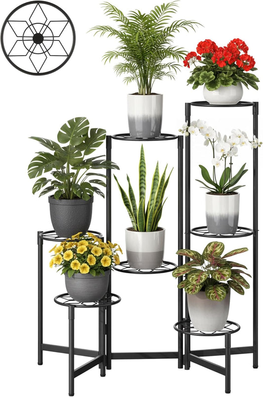 7 Tier Plant Stand Indoor Foldable Corner Tall Plant Shelf for Multiple Plants Flower Pot Holder Display Stand for Living Room Balcony Garden Patio Black