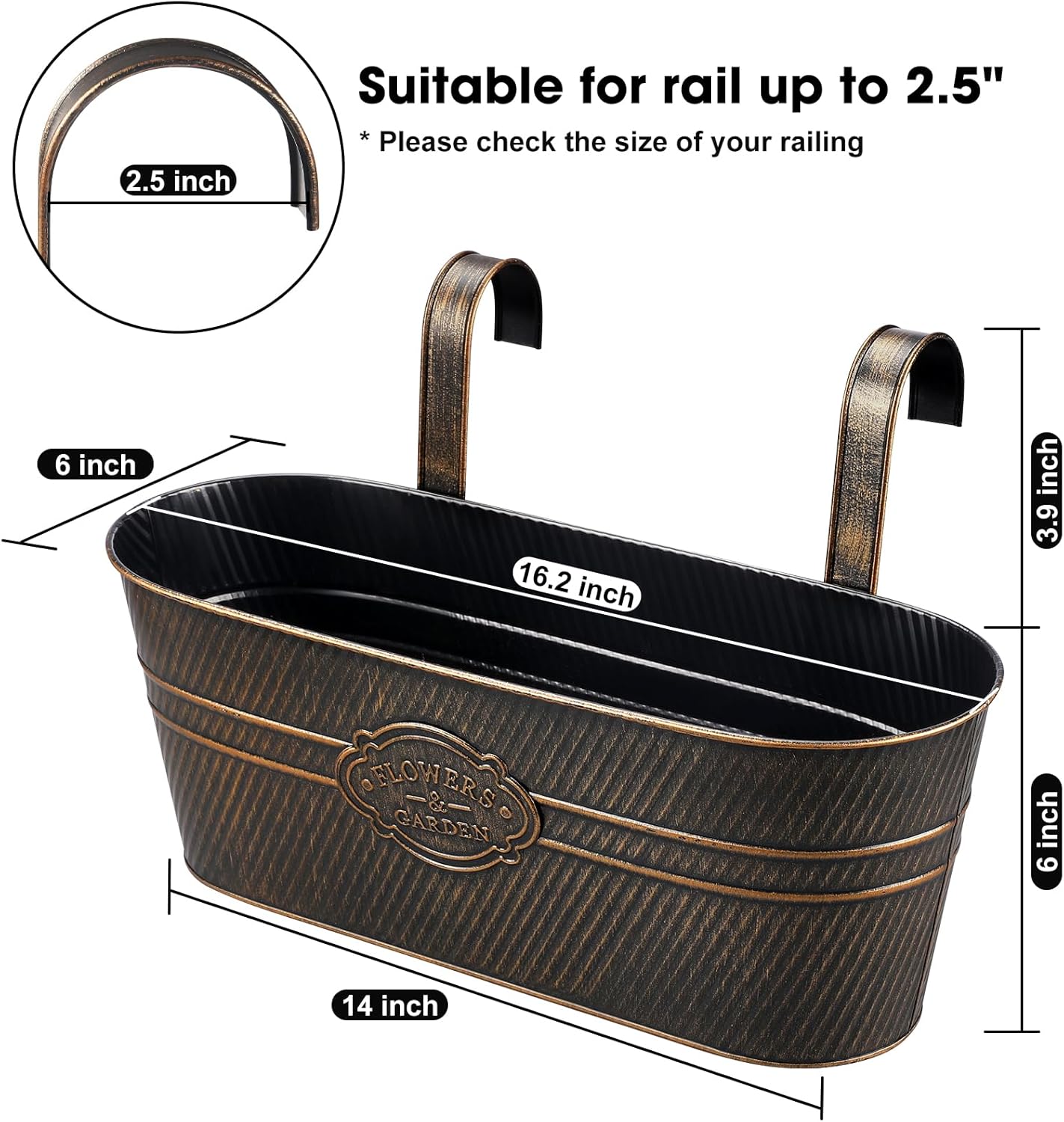 3 Pcs Large Balcony Planters Railing Hanging Flower Pots- 16.2 Inch Metal Railing Planter Box Fence Planters for Outdoor Plants with Detachable Hooks and Drain Holes for Garden Decor (Retro-3pcs)