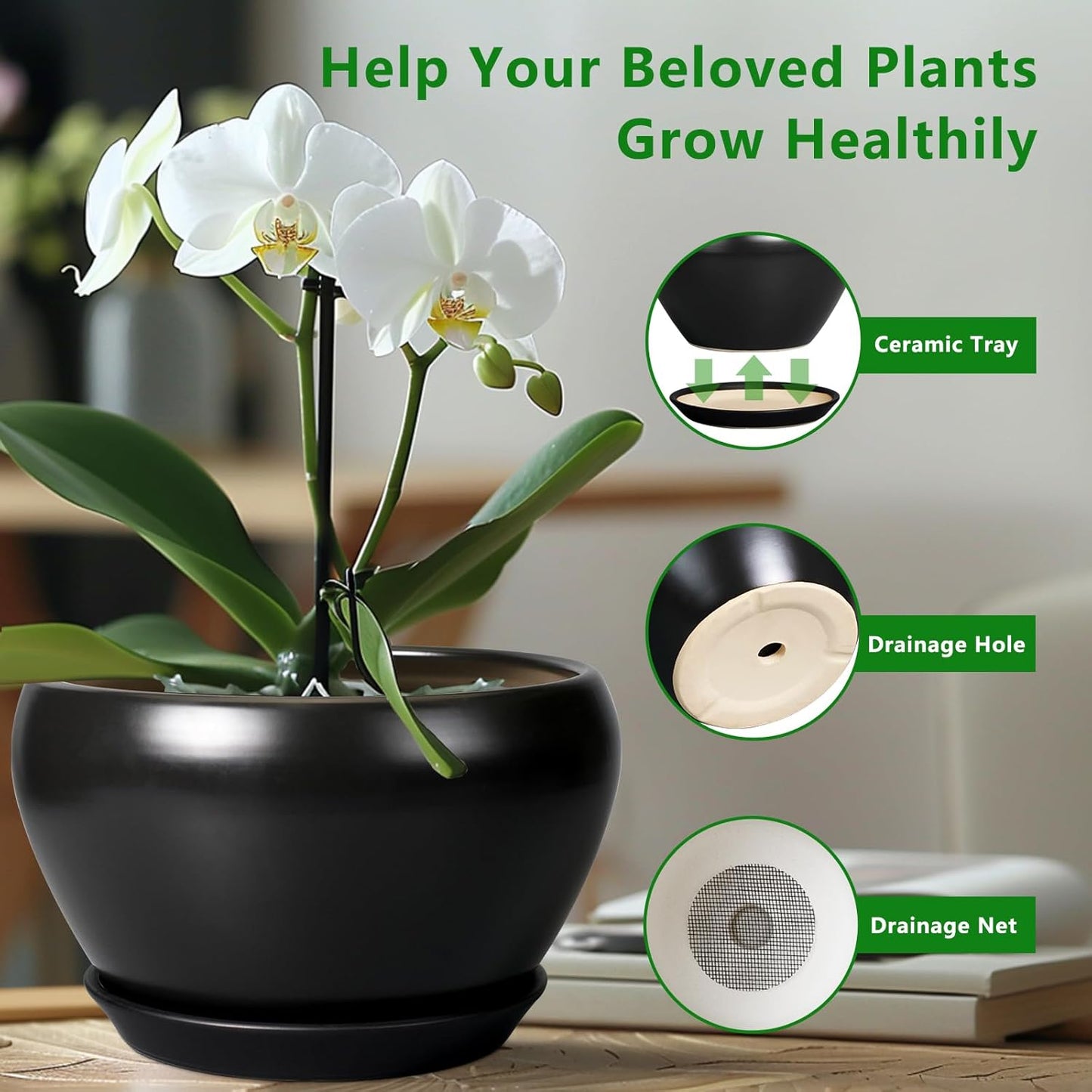 Plant Pot Large 9 Inch - Ceramic Pots for Plants with Drainage Hole and Saucer Round Planter for Indoor Plants Decorative Outdoor Flower Pot Large for House Balcony Black