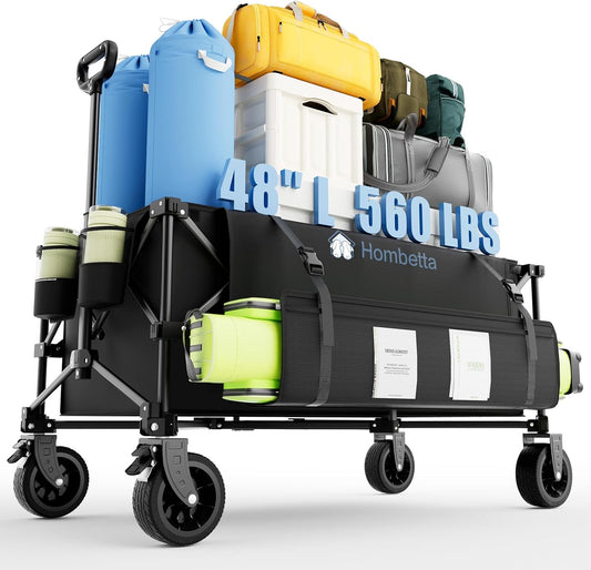 48″ Extra-Large Folding Wagon Cart, 560LBS Extra Large Wagon, 350L Heavy Duty Utility Cart with Brakes, All-Terrain Wheels, 600D Oxford Fabric, Foldable Design for Camping, Beach, Travel, Festival