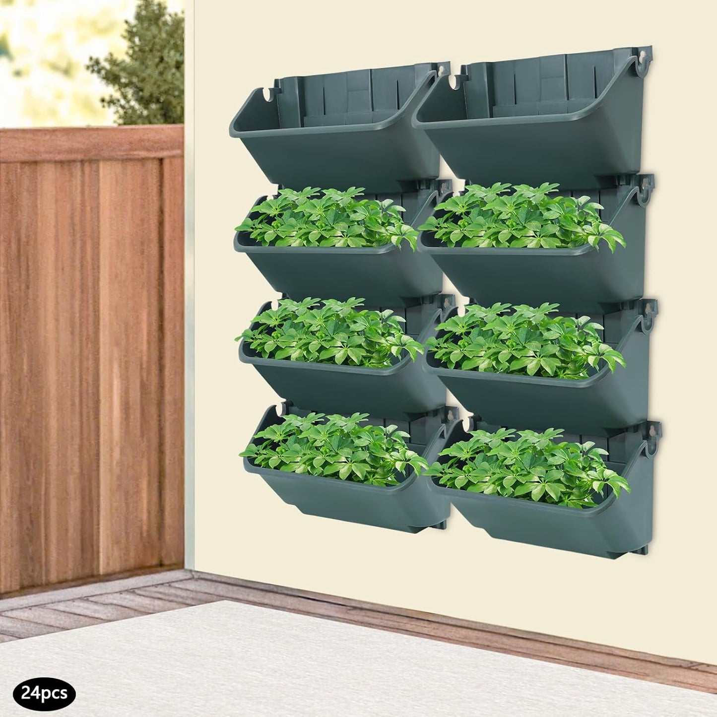 Eapmic Vertical Wall Planter with 24 Pots, Hanging Garden Plant Flowerpot Holder, Stackable Wall-Mounted Planter, Balcony Planters for Flowers Vegetables Fruits (Army Green, 24 Pots)