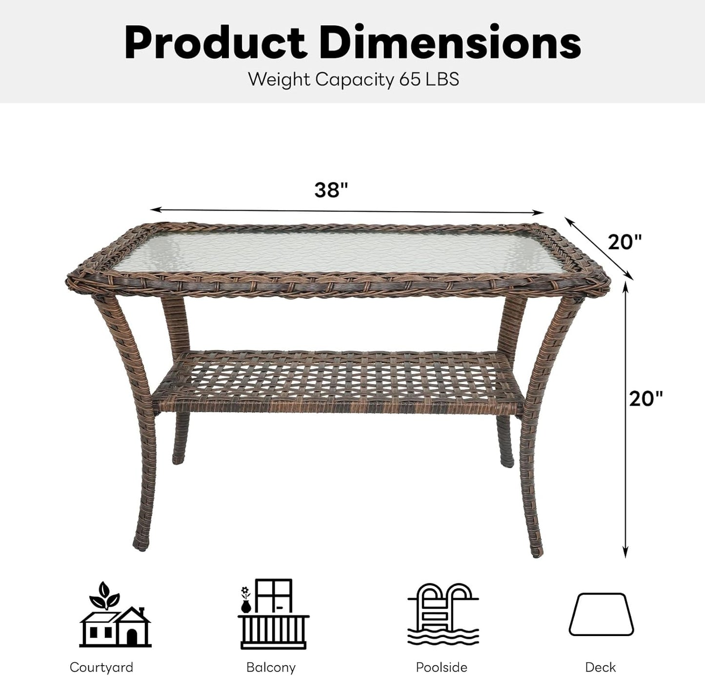 38 Inch Outdoor Coffee Table with 2 Tier Storage - Wicker Coffee Table with Water Ripple Texture Tempered Glass Top, All Weather Patio Coffee Table for Deck Porch Balcony Garden Brown