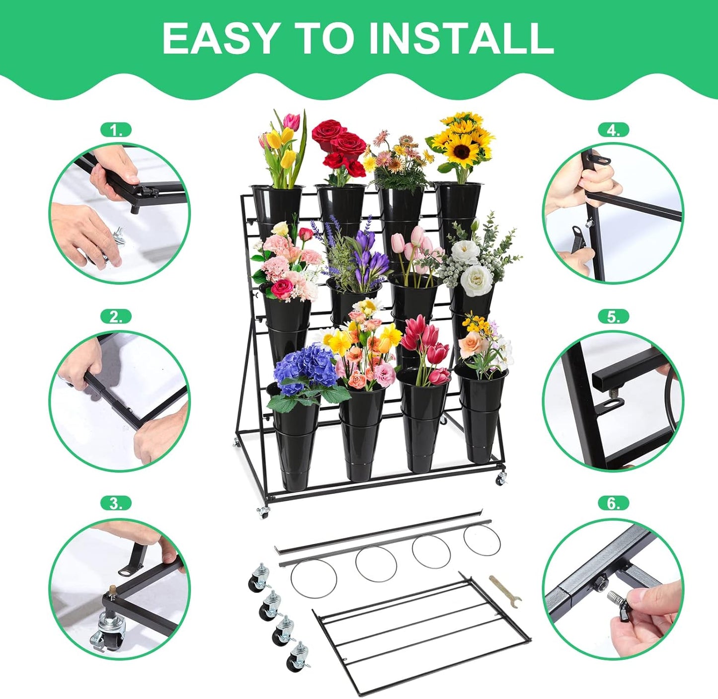 Flower Display Stand with Buckets, 3 layers Metal Plant Stand with Wheels, Moving Florist Bouquet Shelf for Fresh Flower Shop, for Patio Garden, Living Room, Outdoor Flower Pop-Up Events (Black Frame - Black Bucket)