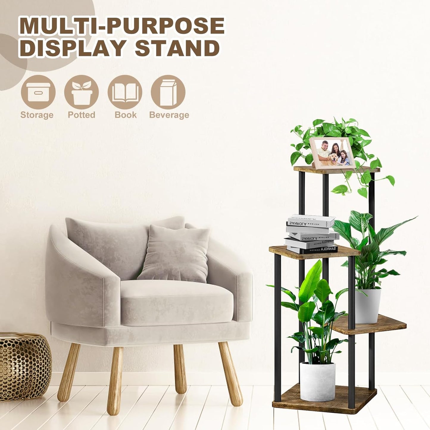 4 Tier Wood Tall Plant Stand Metal Rack Indoor, Multiple Flower Pot Holder Shelves Corner Rack, Planter Shelf Display Rack Storage Organizer for Patio Living Room Balcony Garden(Black)