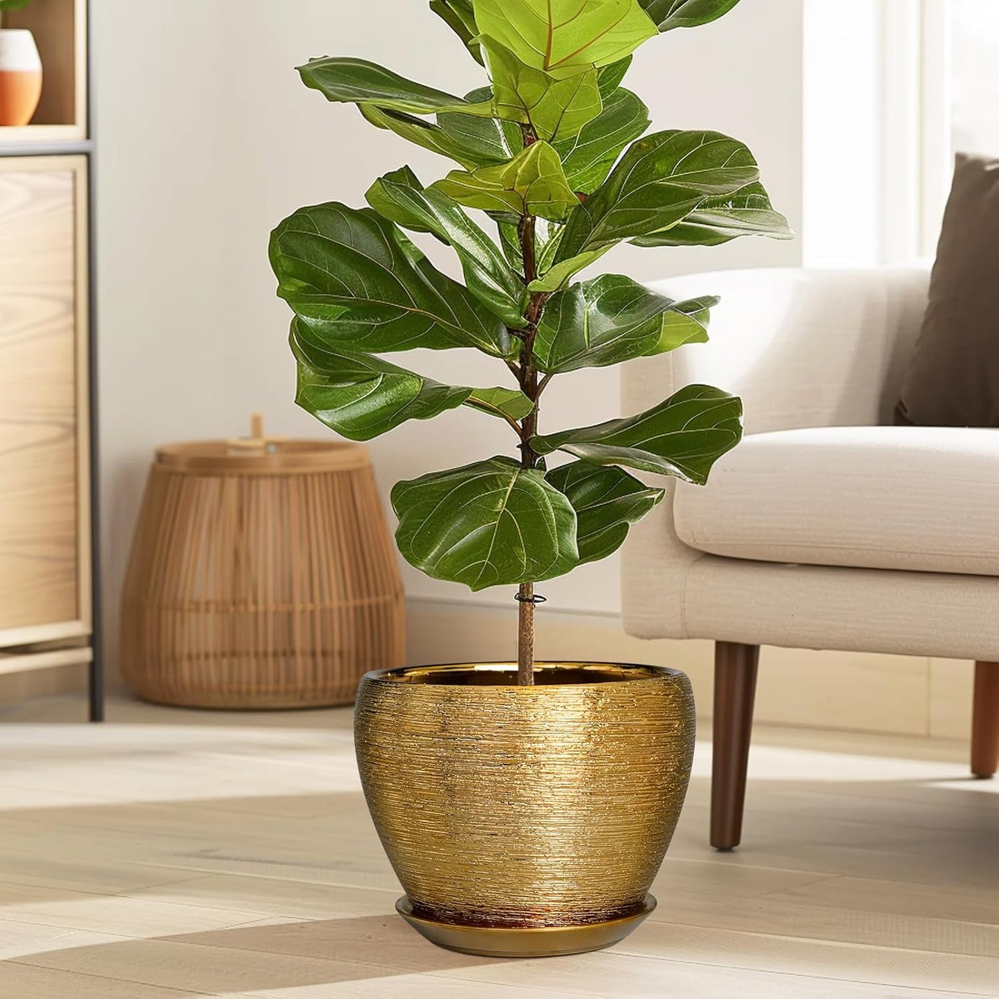 Ceramic Plant Pot 8 Inch - Planter for Outdoor Plants Indoor Plant Pot with Drainage Hole and Saucer Decorative Round Planter Modern Flower Pot for House Decor Gold