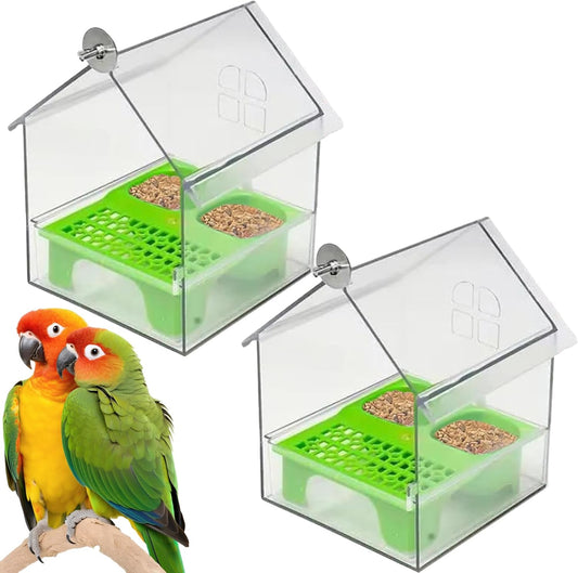 Ziveseller/Sowhathow Pull-Out External Parrot Feeder, Parrot Feeder Parakeet House Bird Bath Transparent Dish Water, Hanging Wild Bird Seed with Squirrel Proof Tray (Green*2)