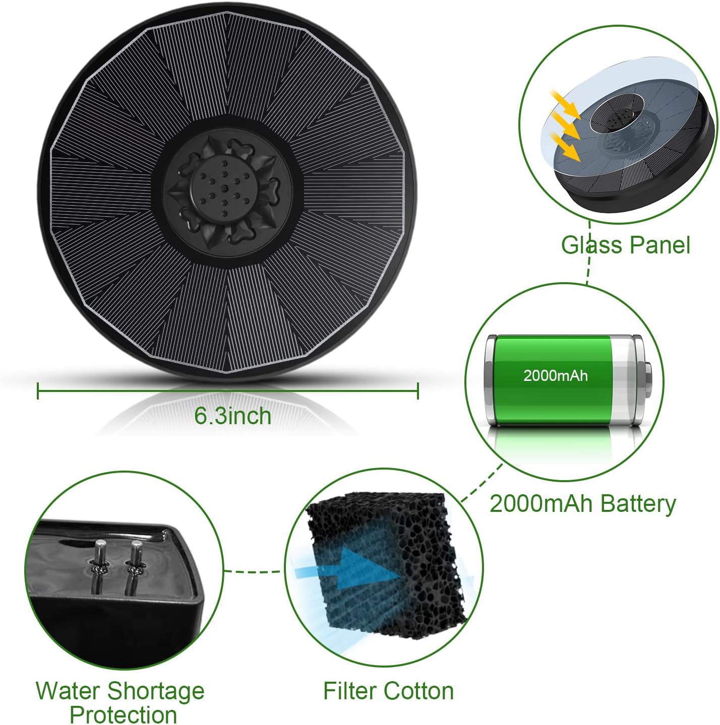 Solar Fountain with 2000 mAh Battery Backup Works in Cloudy, Glass Solar Powered Bird Bath Fountains with 7 Nozzles, 3.5 W Solar Fountain Pump for Birdbath,Garden, Outdoor, Pond (Black)