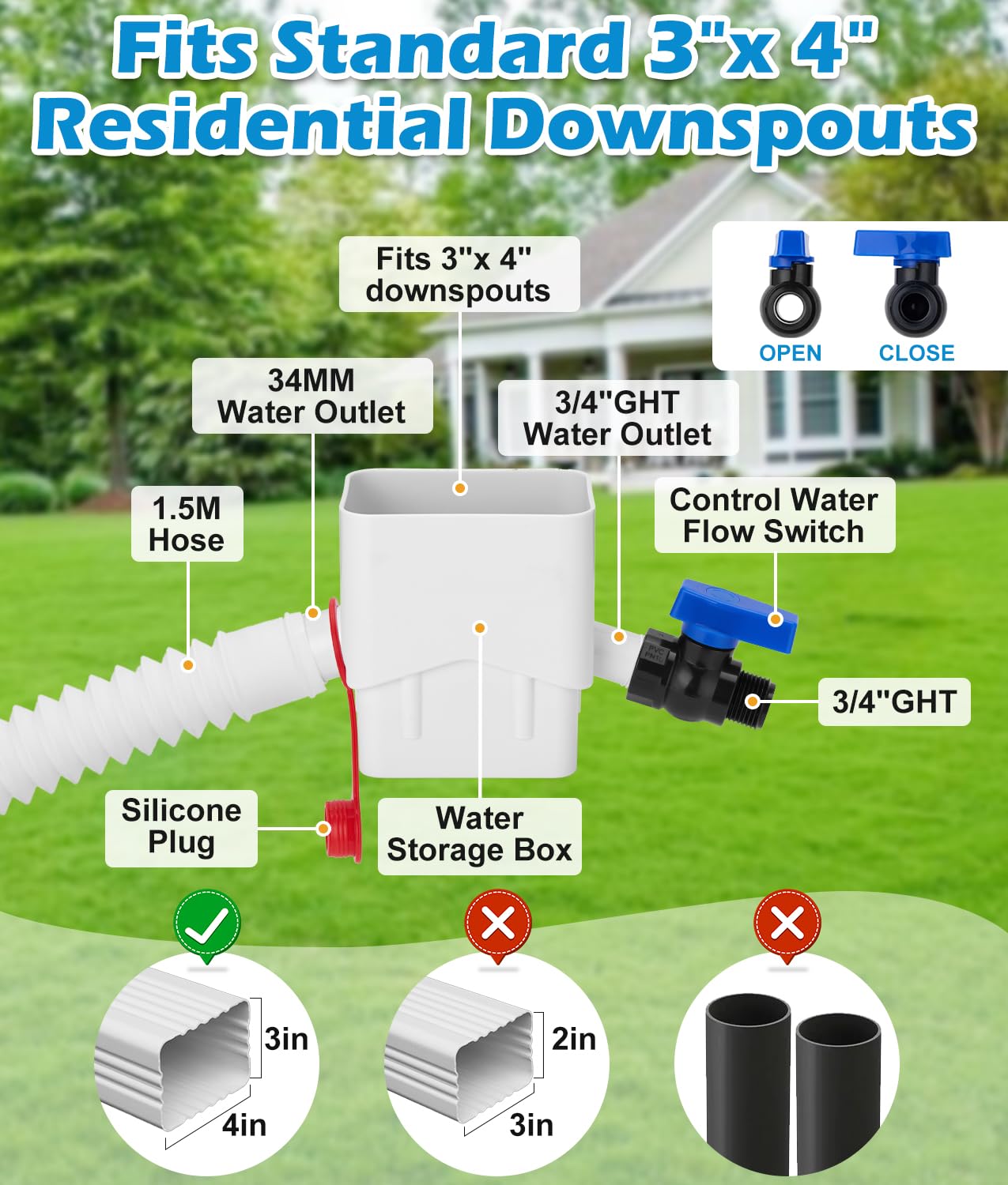 Downspout Diverter, WADEO Rain Barrel Diverter Fits for 3"x 4" Oversize Downspout, Rainwater Collection System with Two Water Outlets, 3/4" PVC Spigot and 5FT Hose to Collect Rainwater from Gutter