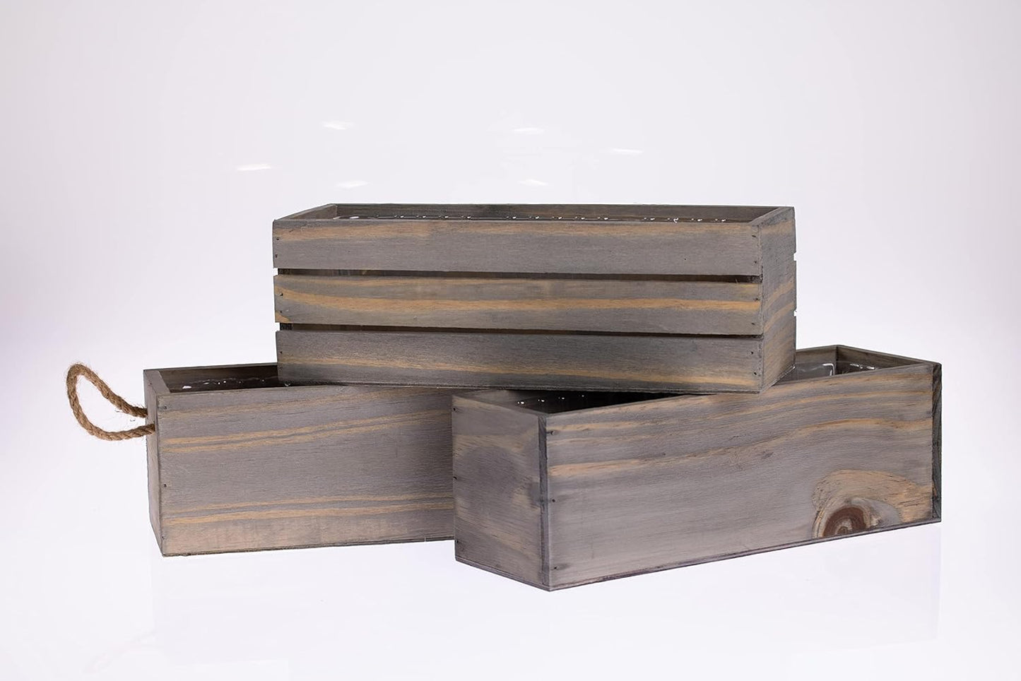 Wooden Planter Box with Handle, Rustic Barn Wood, Plastic Liner l Garden Decor l Restaurant and Wedding Decorations l Wedding Table Centerpiece (12x4 w Handle Set of 4, Natural)