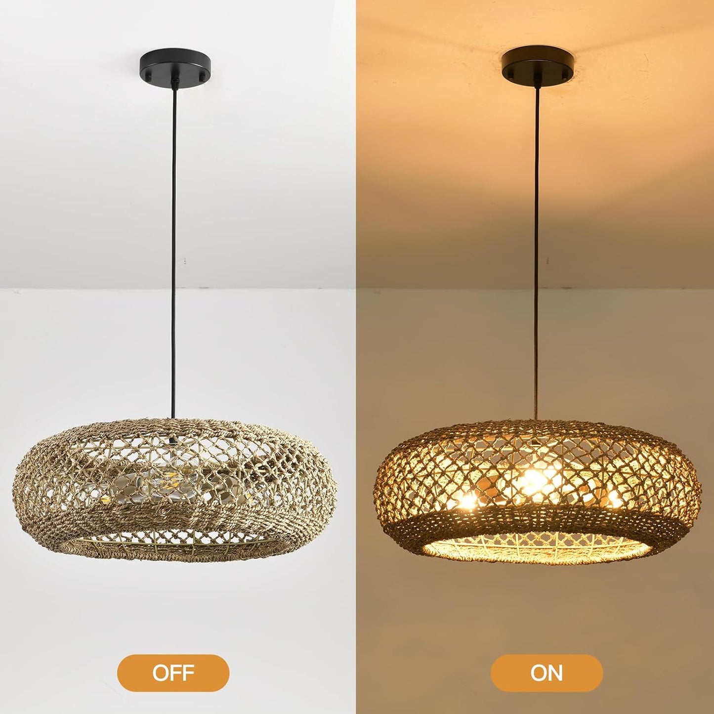 20.1" Large Rattan Chandelier, 3 Light Hanging Light, Boho Wicker Pendant Lighting, for Kitchen Island, Bedroom, Dining Room, Entryway, Foyer