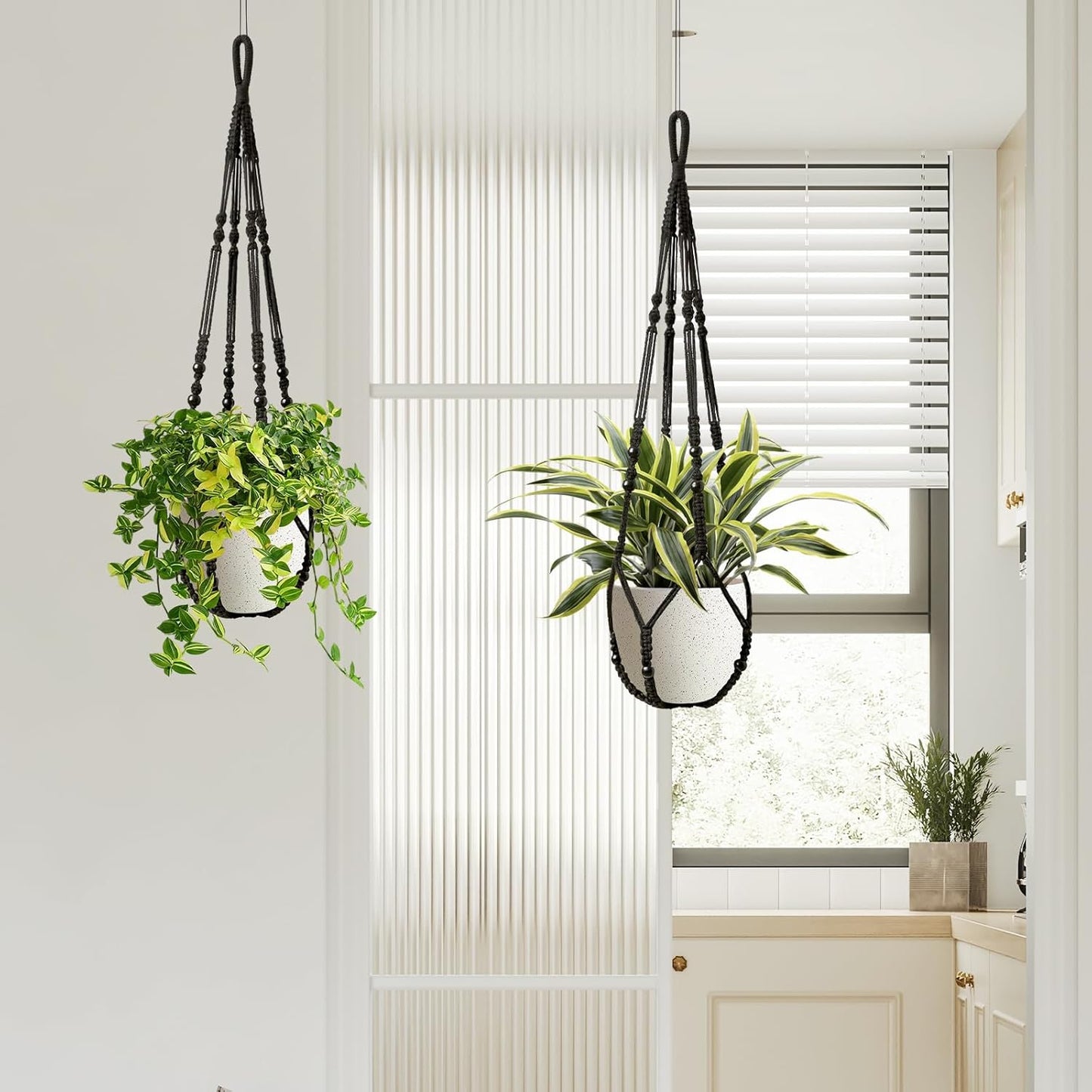 Macrame Plant Hanger Indoor Set of 2 with 4 Hooks, Indoor Outdoor Hanging Planter for Plants Holder with Decorative Wood Beads & No Tassels, Boho Home Decor, 35 Inch Black (Pots Not Included)