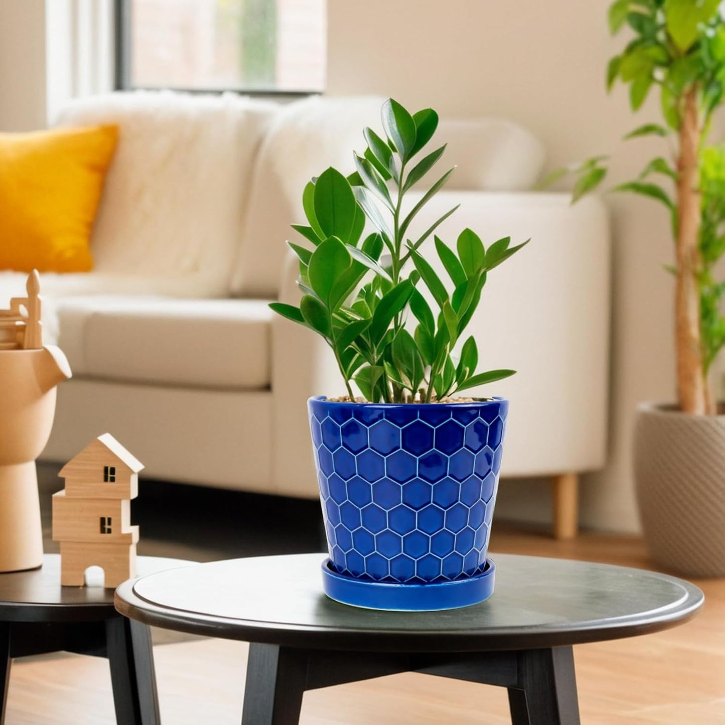 BUYMAX Plant Pots Indoor –6 inch Ceramic Flower Pot with Drainage Hole and Ceramic Tray - Gardening Home Desktop Office Windowsill Decoration Gift, Set of 2(Royal Blue)