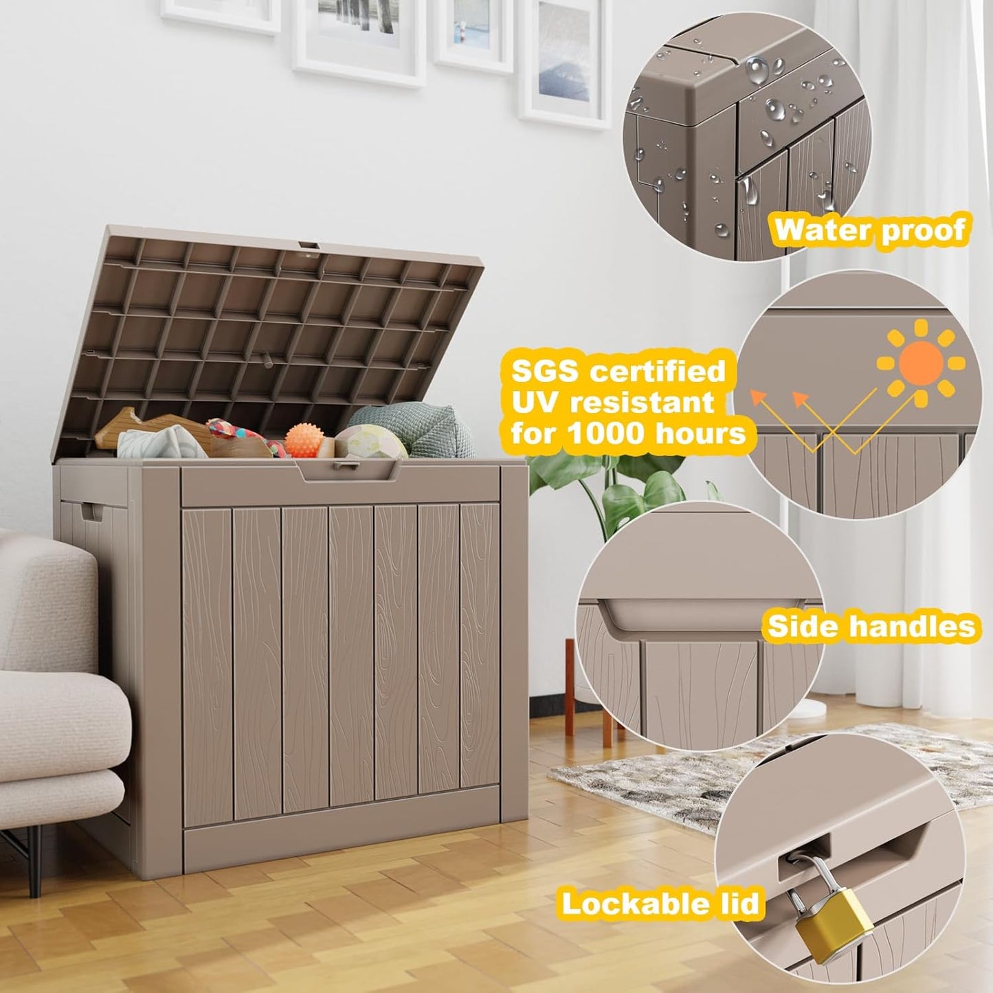 30 Gallon Outdoor Deck Box,Storage Lockable Waterproof Patio Furniture,Garden Tools,Cushions,Pool Accessories Outside Storage Resin Box(Grey)