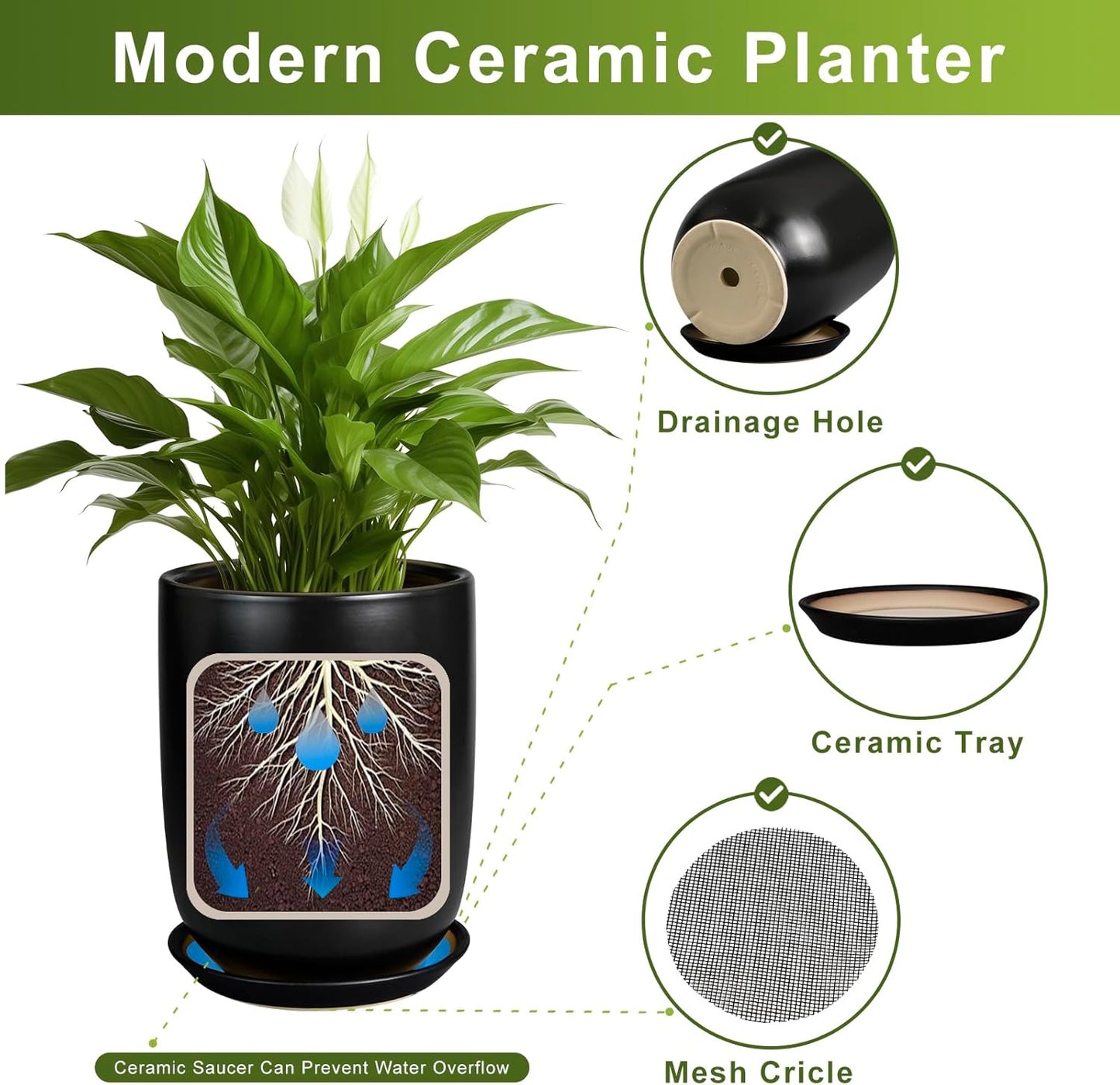 Ceramic Planter 10 Inch - Ceramic Pot for Indoor Plants Outdoor Plant Pot with Drainage Hole and Saucer Cylinder Flower Pot Black