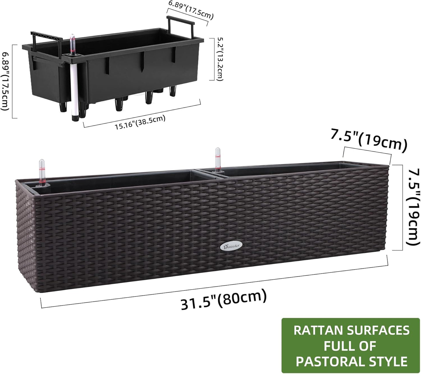 Dexceder 31.5 Inch Rattan Self Watering Planter Indoor Outdoor, Thickened Large Rail Flower Plant Pot Window Box with Water Level Indicators & Bracket (Brown)