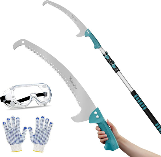 Extendable Tree Trimmer: Manual Pole Saw | 5-12ft Telescoping Pruning Pole for Tree Trimming | Saw Attachment, Safety Goggles, and Gloves Included | Trim Branches up to 2" Diameter