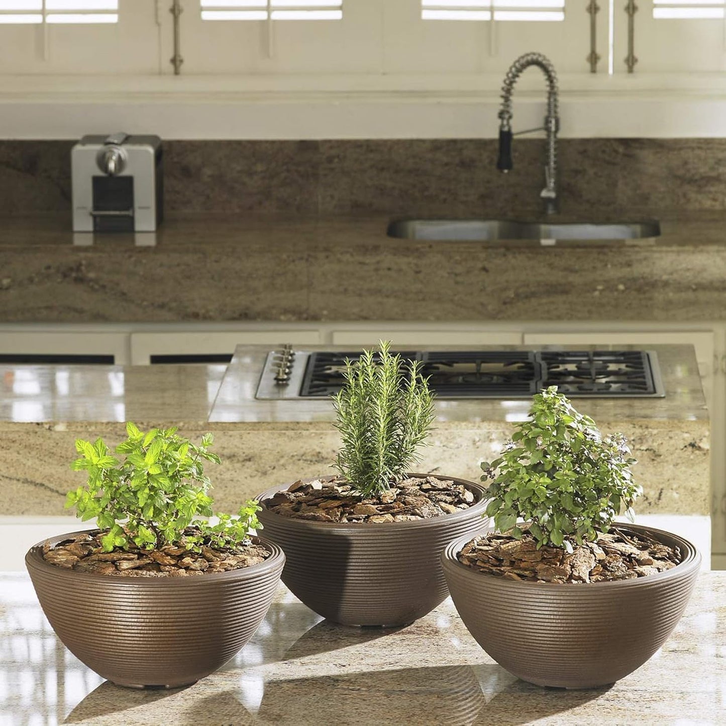 Crescent Garden Delano Bowl Planter, Indoor Outdoor Round Shallow Plant Pot for Water Garden, Bonsai Plant Pots, Succulents with Drain Hole - Double Walled Bowl Lotus Pot, 20" W (Caviar Black)