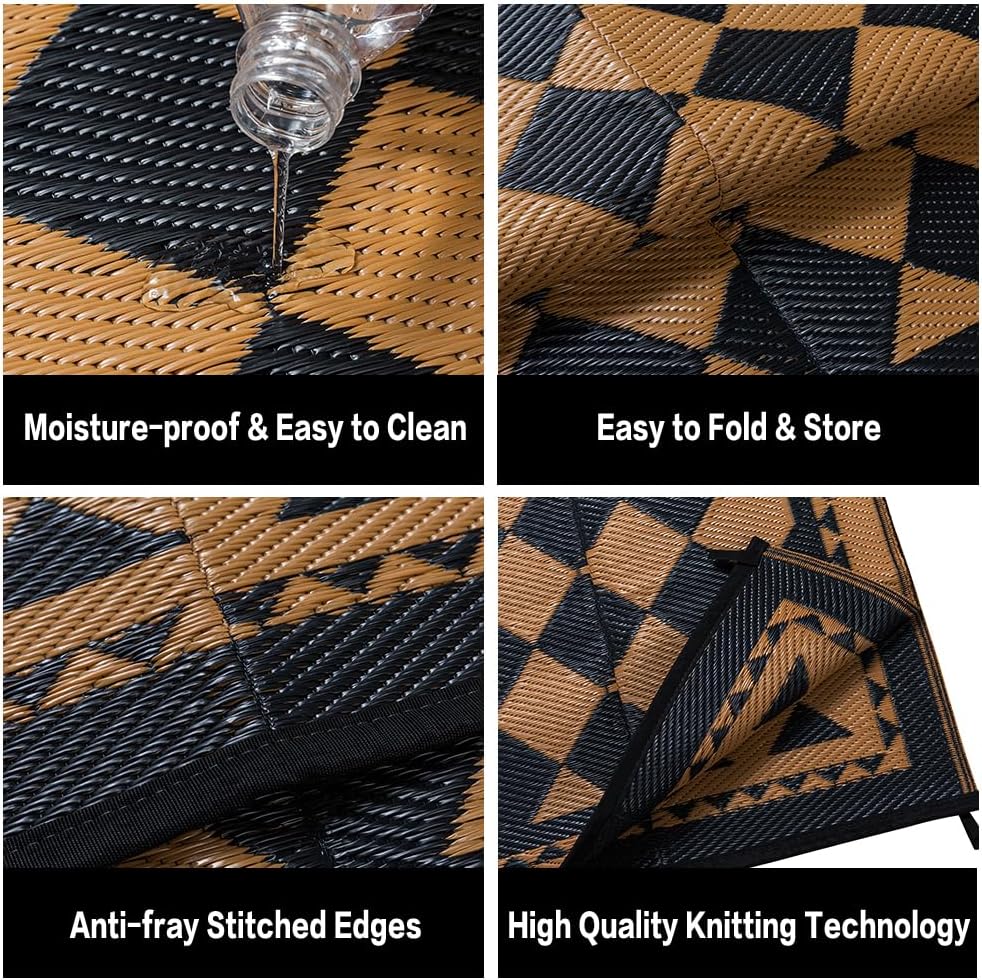 Outdoor Waterproof Rug 8'x10' Plastic Straw Rugs Washable Reversible Floor Mat Brown Plaid Carpet for Camping RV Deck Entryance Porch Picnic Balcony Beach Backyard