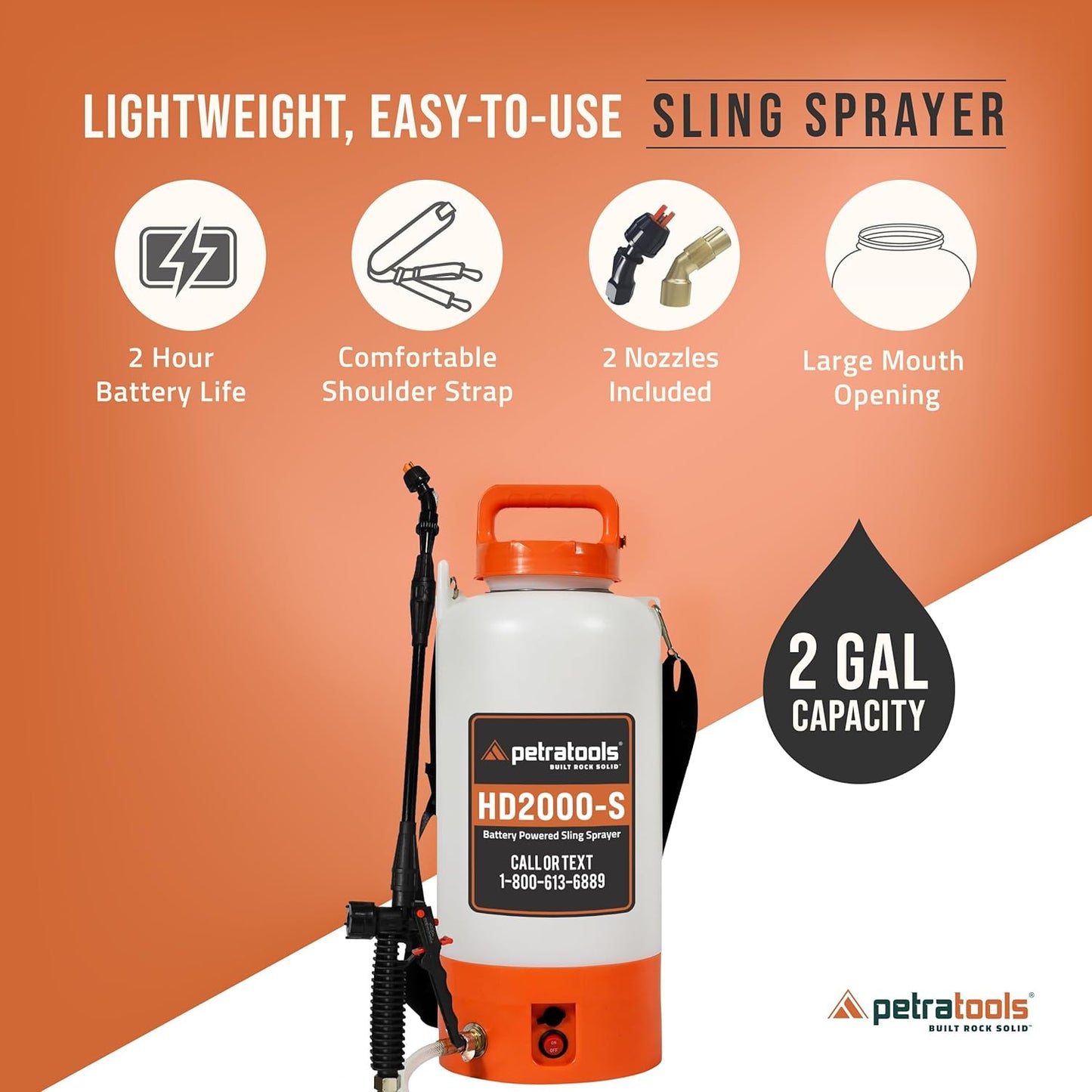 PetraTools Battery Powered Sprayer 2 Gallon - HD2000-S - Heavy Duty Electric Sprayer for Lawn and Garden Weed/Pest Control, Watering - with Battery, Charger & 2 Nozzles (2 Gallon)