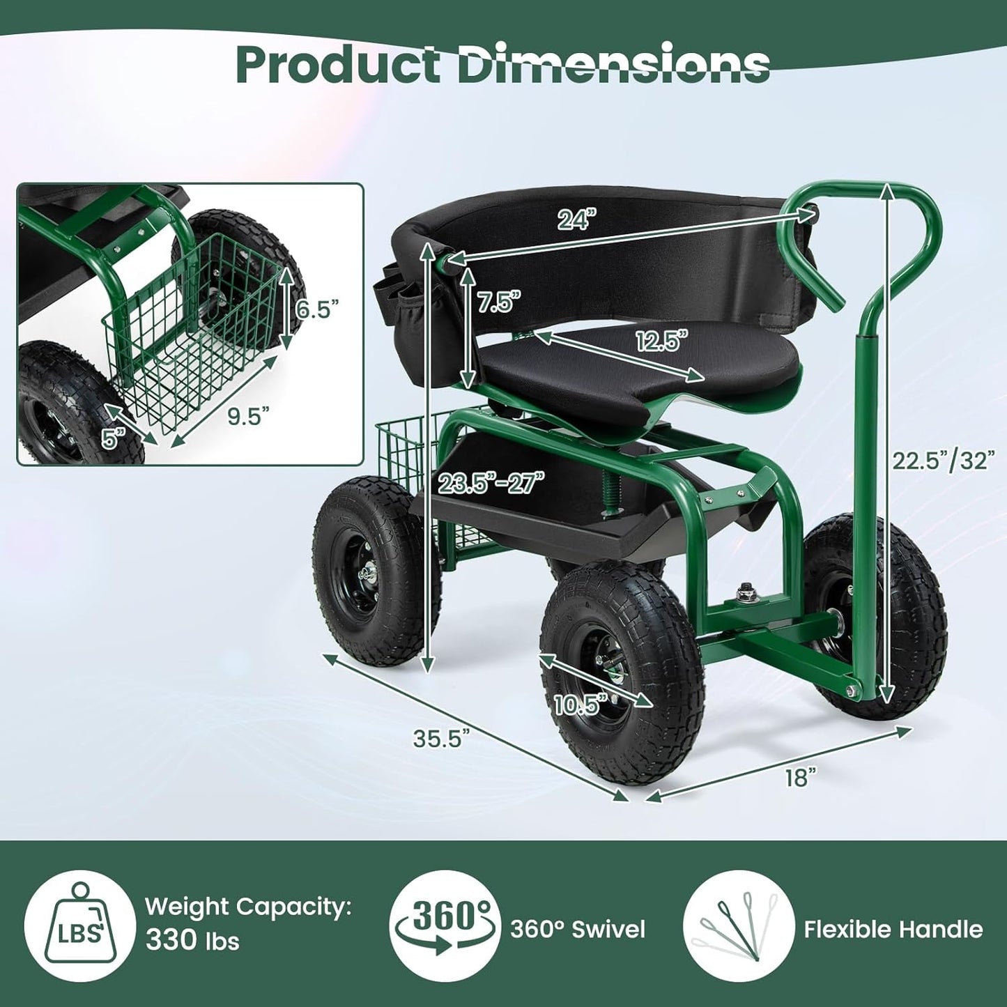 Goplus Garden Seat with Wheels, Rolling Gardening Stool with Adjustable 360° Swivel Seat, Tool Tray & Storage Basket, Extendable Handle, Outdoor Gardening Scooter, Garden Cart Workseat for Seniors