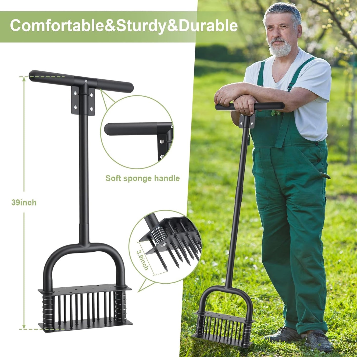 Lawn Aerator,39 inch Long Aerator Lawn Tool,Save Labour Core Aerator with 14 Steel Spikes,Manual Push Grass Aerator for Lawn and Garden,Yard