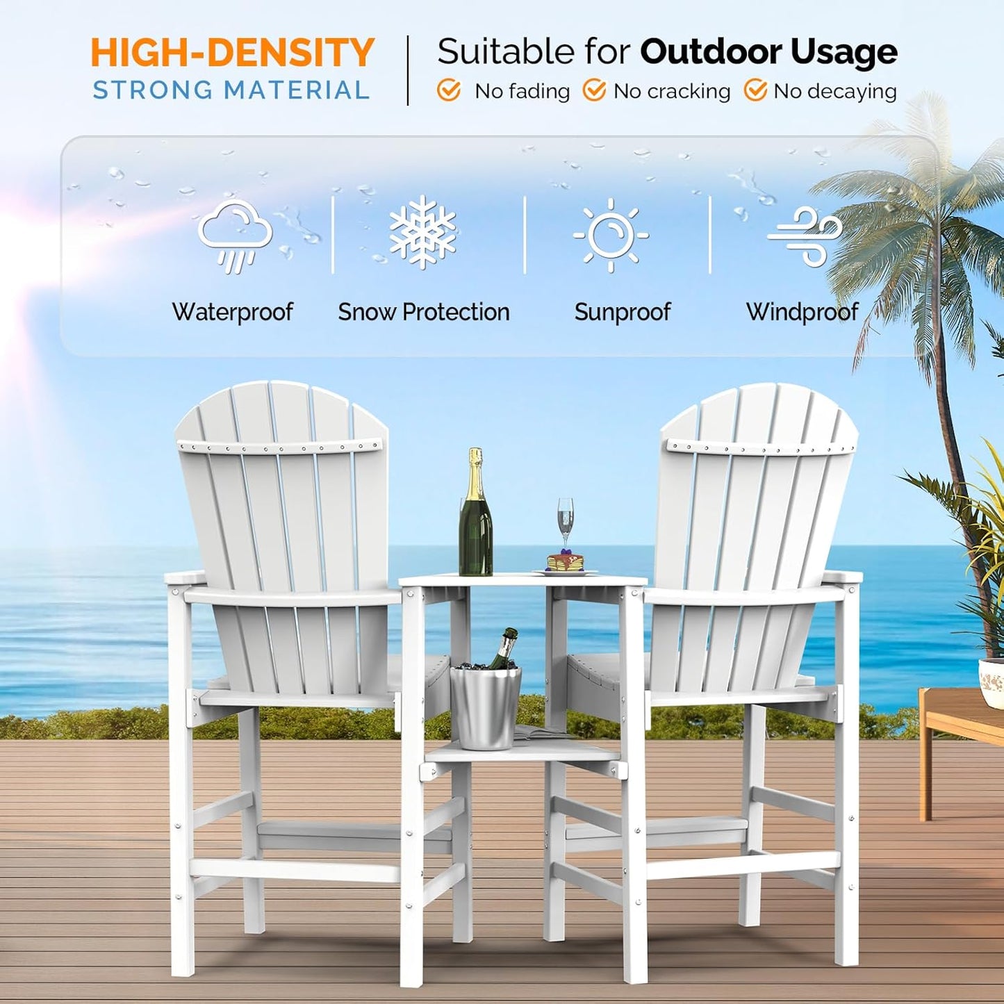 VINGLI Tall Adirondack Chairs Set of 2, HDPE Balcony Chair with Double Connecting Tray Weather Resistant Outdoor Bar Stools for Patio Deck Lawn Pool Backyard (White)