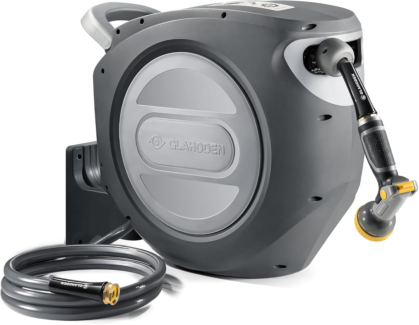 Retractable Garden Hose Reel 1/2 in x 100 ft Upgraded UV Resistant Heavy Duty Automatic Hose Reel Wall Mount 3/4 in Brass Fitting 9 Pattern Nozzle Any Length Lock Slow Retraction 180° Swivel