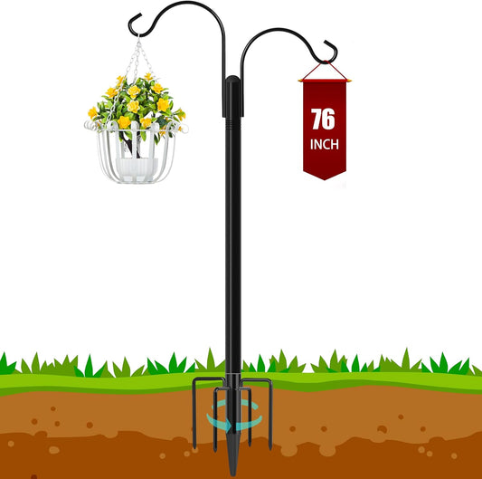 Ottsuls Double Shepherds Hooks for Outdoor, 76 Inch Bird Feeder Pole with 5 Prong Base, Upgrade 1 INCH Thick Heavy Duty Planter Hook for Hanging Baskets, Lantern,1 Pack