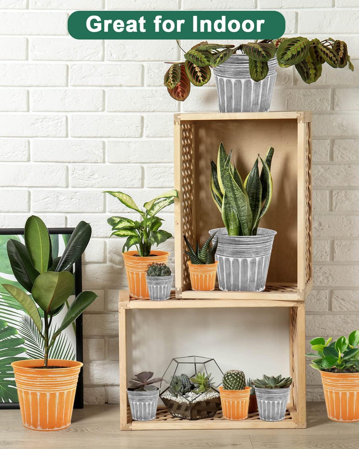 vensovo 5 Inch Orange Metal Rustic Flower Pots - 6Pcs Medium Galvanized Planters with Drainage Hole and Rubber Plug, Rustproof Metal Bucket Plant Pots Farmhouse Vintage Style for Decor