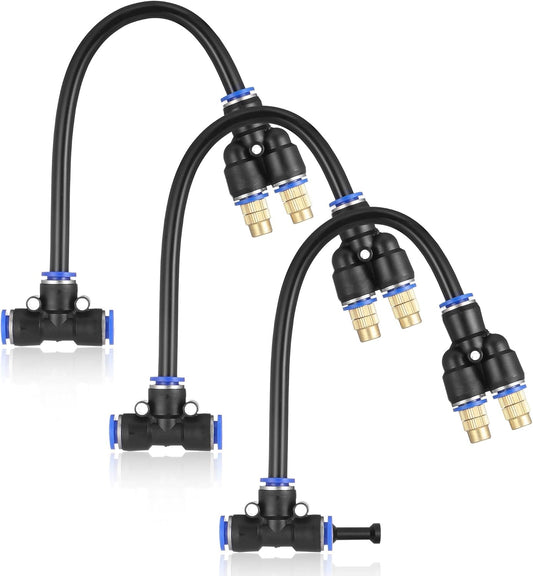 Mornajina 3Packs 2 Way Brass Misting Nozzles Tee with 9inch Built in Hose for Outdoor Cooling System, Adjustable 360° Rotation, Water Mister Nozzles Thread Sprayer 0.043" (1.1 mm)