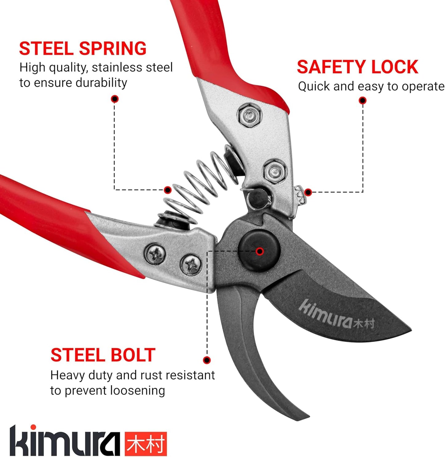 Kimura® 8" Pro Bypass Pruning Shears, Heavy Duty Japanese SK5 Steel Blades, 1 inch Cut Capacity, Non-Slip PVC Coated Handles, Lightweight & Ergonomic, Japanese Pruners, Professional Garden Clippers