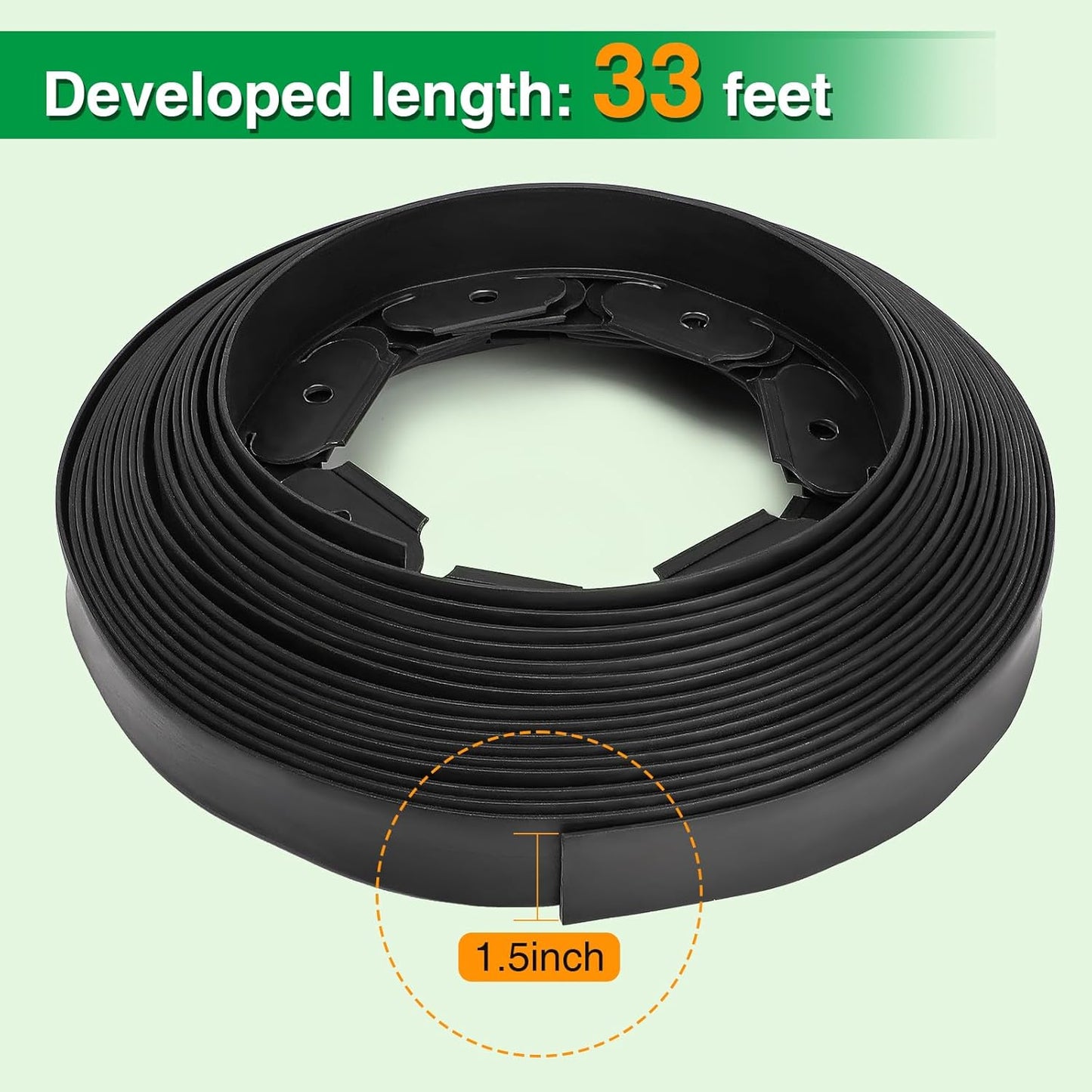 Bonviee 1.5 Inch x 33FT Landscape Edging Border with 50 Anchoring Spikes, No Dig Garden Border Edging Kit, Flexible Garden Edging for Landscaping, Flower Beds, Lawn, Yard, and Paver Pathways