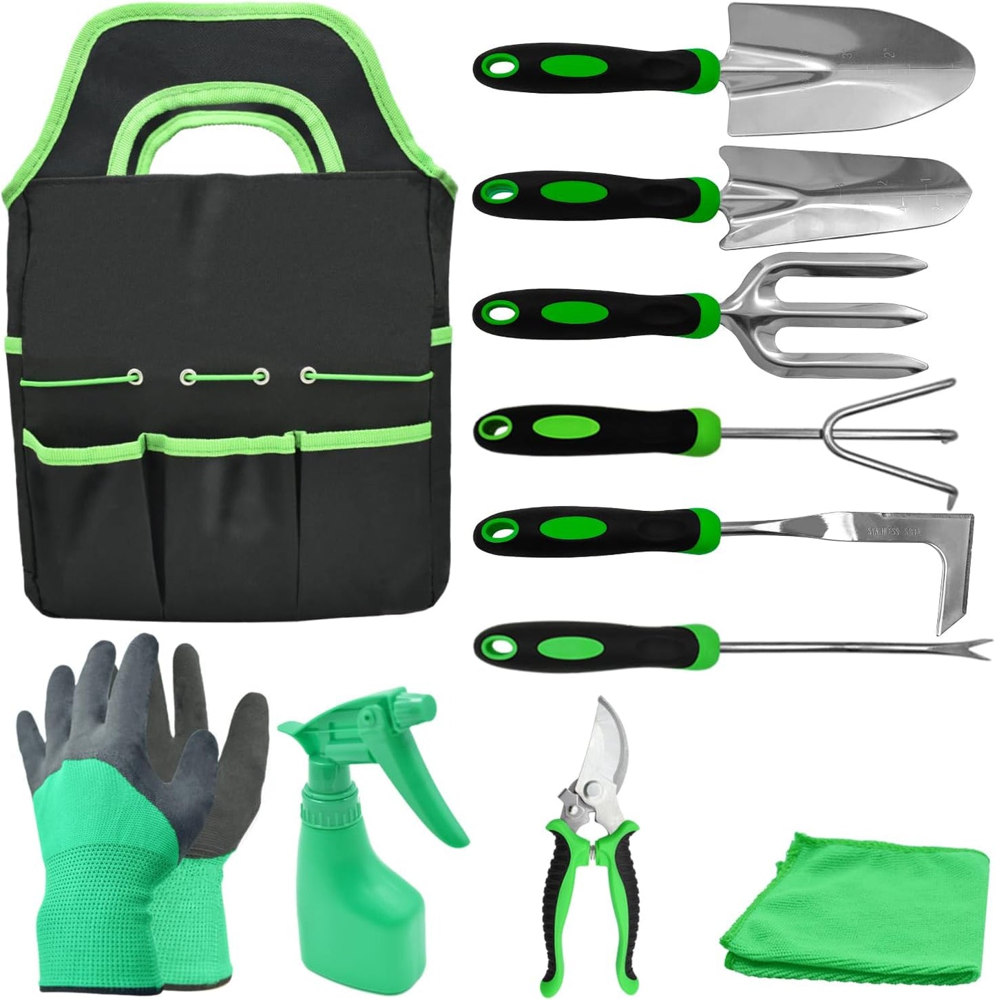 11Pcs Heavy Duty Gardening Tool Set, Shovel Stainless Steel with Non-Slip Rubber Grip, Canvas Storage Bag for Women Gardeners Pruning Shears Plant Care Weeding Tools