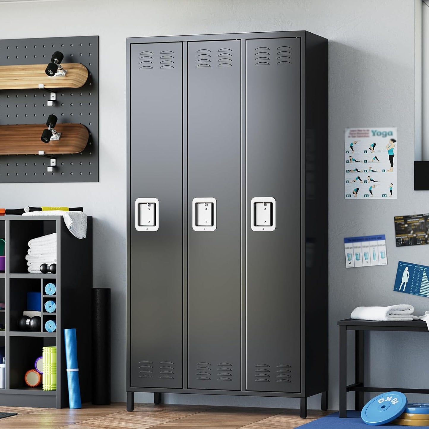 72" Metal Lockers for Employees with 3 Door, Black Metal Storage Cabinet with 9 Hooks, Industrial Locker, Assembly Required, for Gym, School, Classroom, Home, Office, Industrial