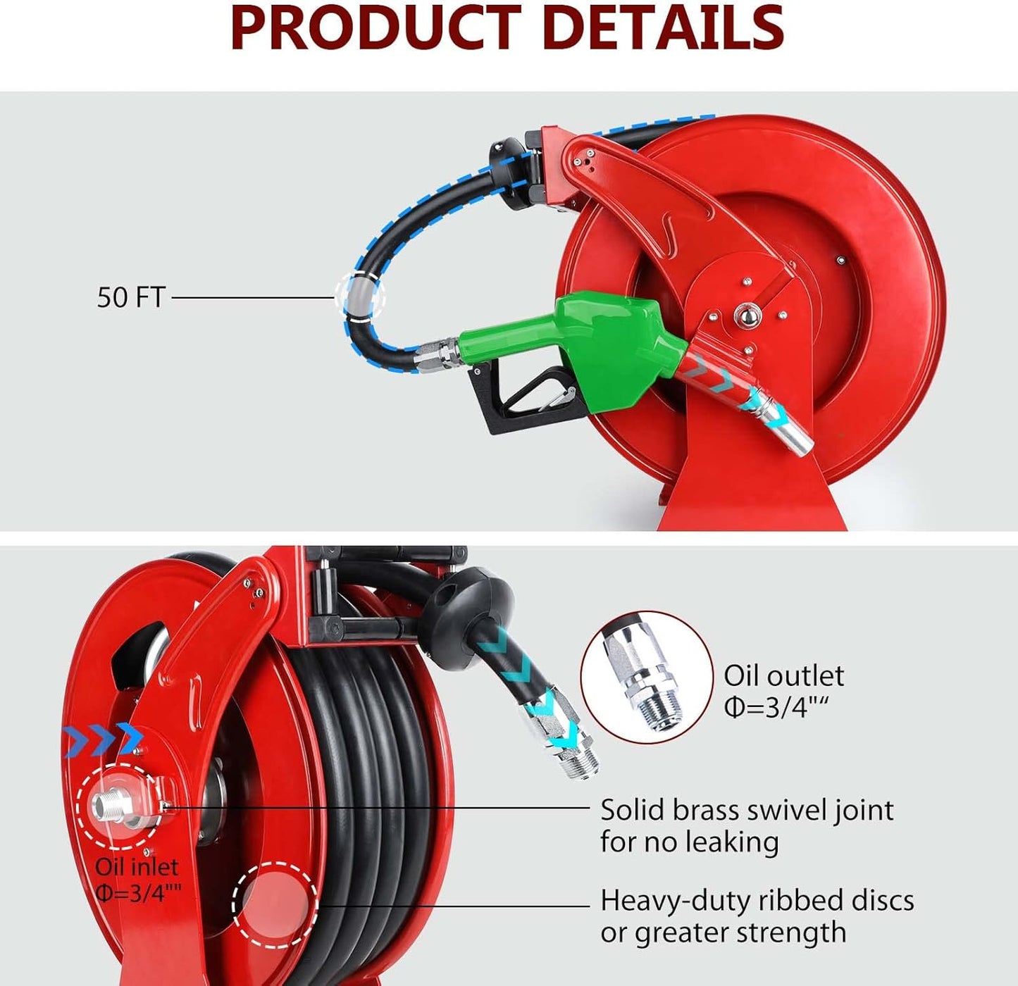 Fuel Hose Reel with Fueling Nozzle, 3/4" x 50FT Retractable Diesel Hose Reel, 300 PSI Industrial Heavy Duty Auto Swivel Rewind Hose Holder Reels, for Vehicle Tank Truck Trailer Ship