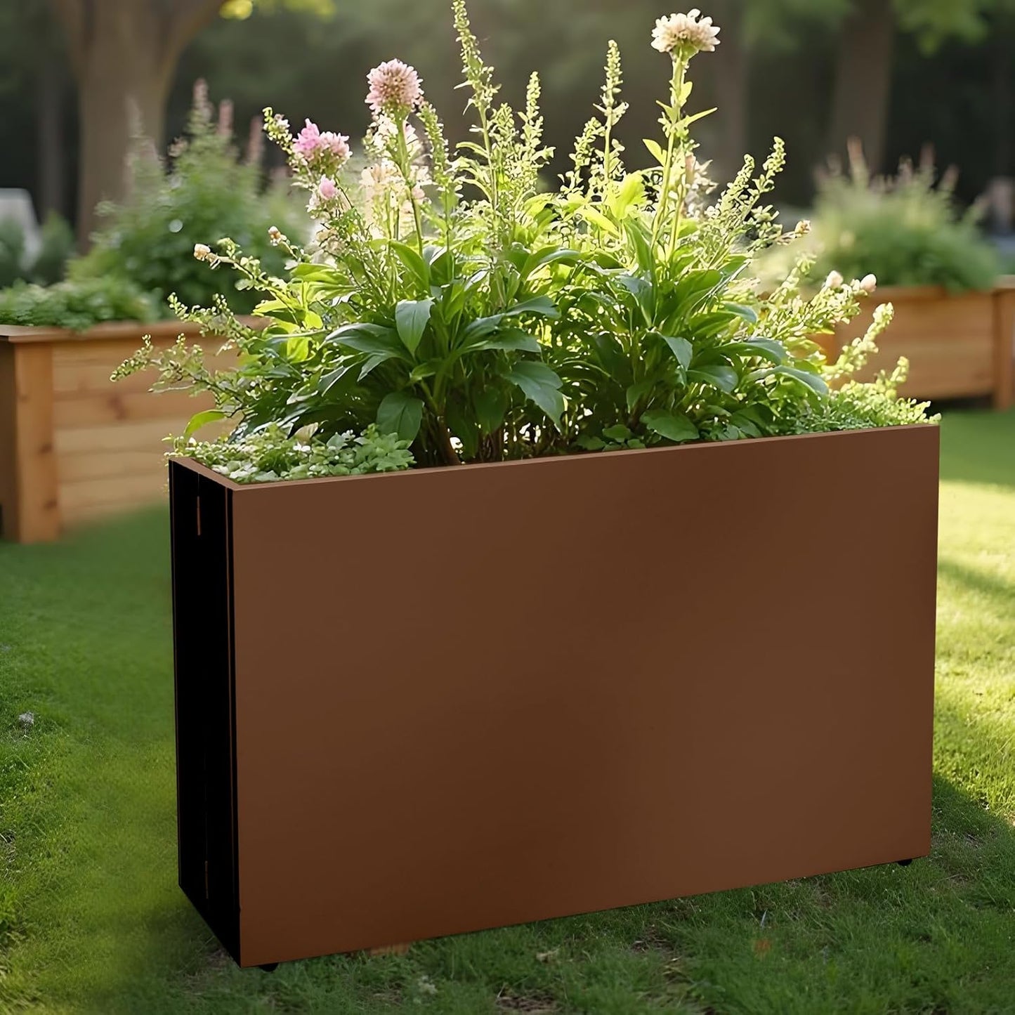 Galvanized Steel Planter Box-No Installation Required Metal Rectangular Block Long Box Planter Modern Outdoor Planters All-Weather Use with Drainage Holes for Patio/Porch, 36×24×12IN（Brown）