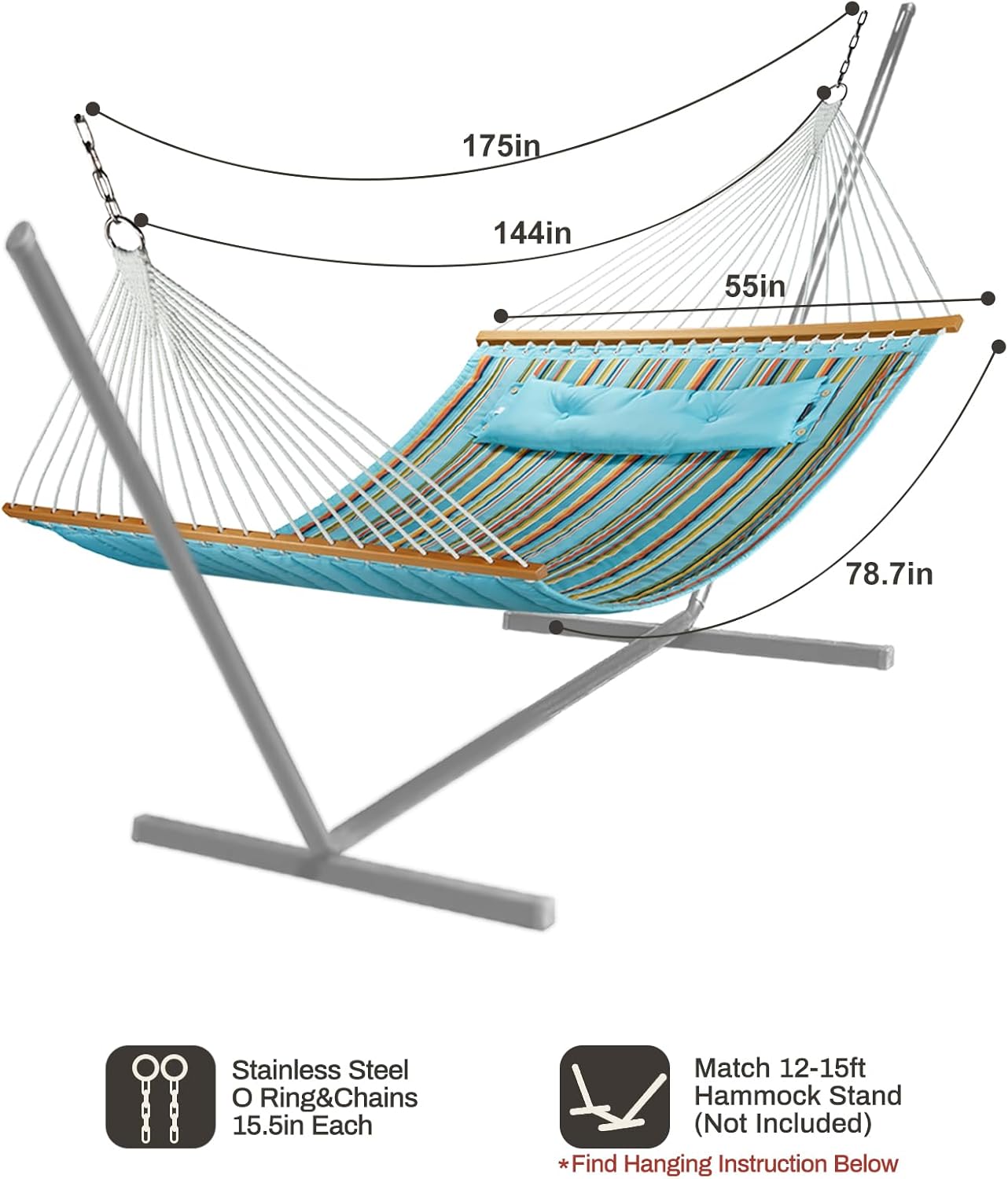 12 FT Double Quilted Fabric Hammock with Spreader Bars and Pillow 450 LBS Weight Capacity 2 Person Hammock for Outdoor Patio Backyard Poolside Blue Stripes